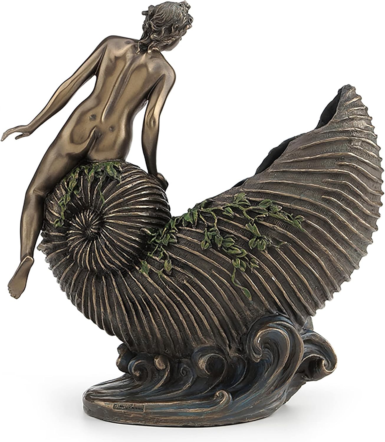 Veronese Design 9 5/8 Art Nouveau Nude Ldy Sitting On Nautilus Shell Container Resin Sculpture Bronze Finish