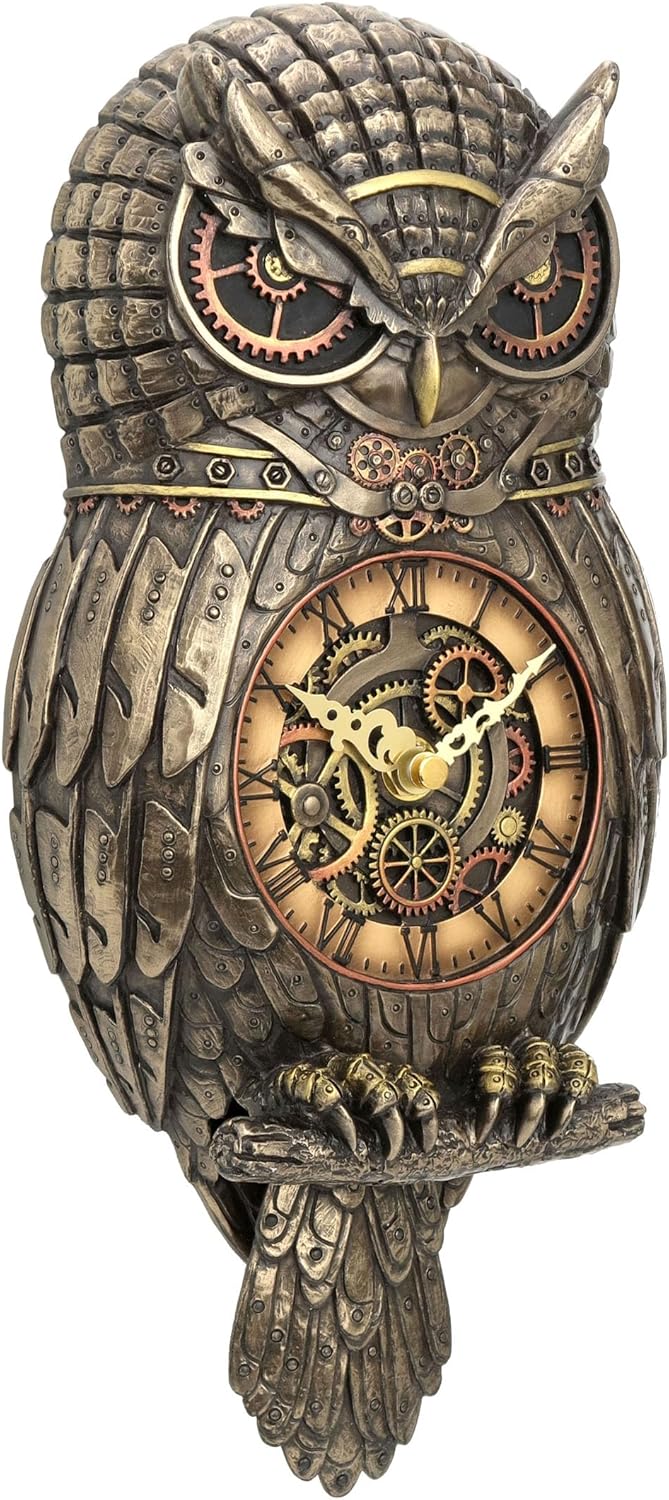 Veronese Design Metallic Bronze Finished Steampunk Owl Pendulum Wall Clock
