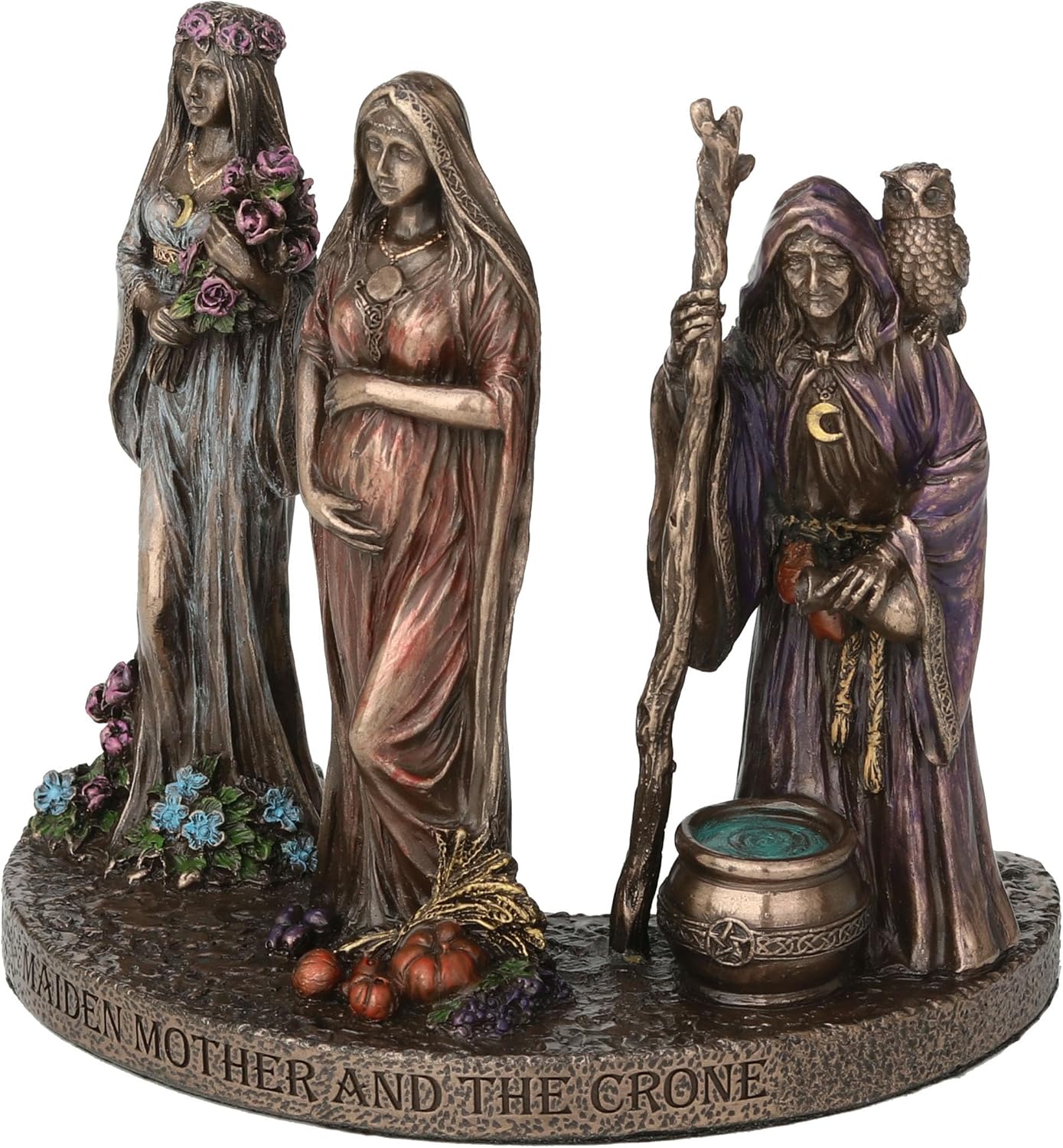 Veronese Design 4 3/8 Inch Triple Moon Goddess Maiden Mother and Crone Cold Cast Resin Bronze Finish Wiccan Sculpture
