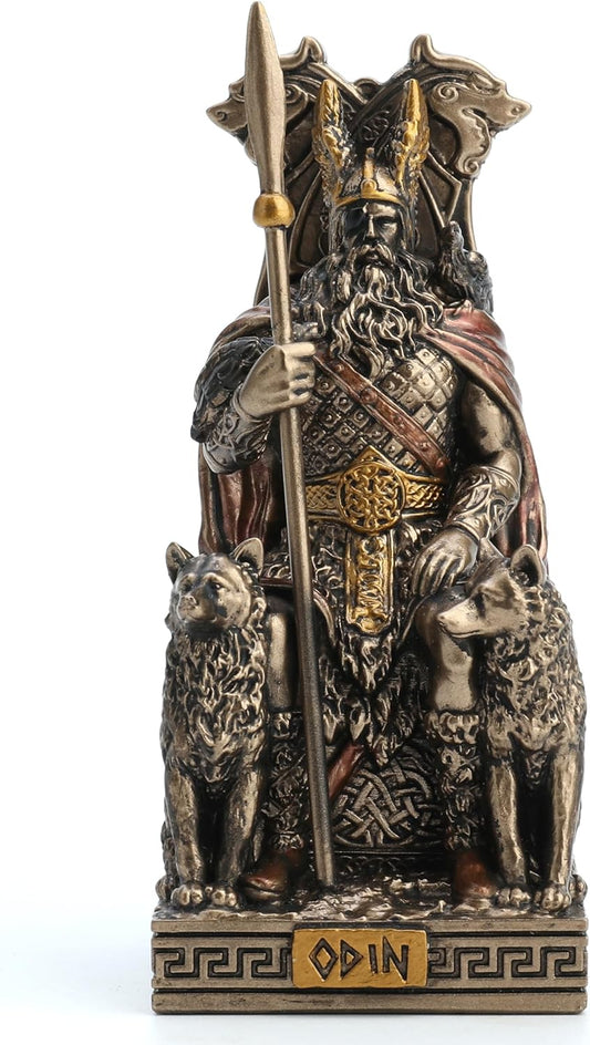 Veronese Design 3 1/2 Inches Norse God All Father Odin Sitting on Throne Miniature Resin Figurine Handpainted Bronze Finish, WU78058AP