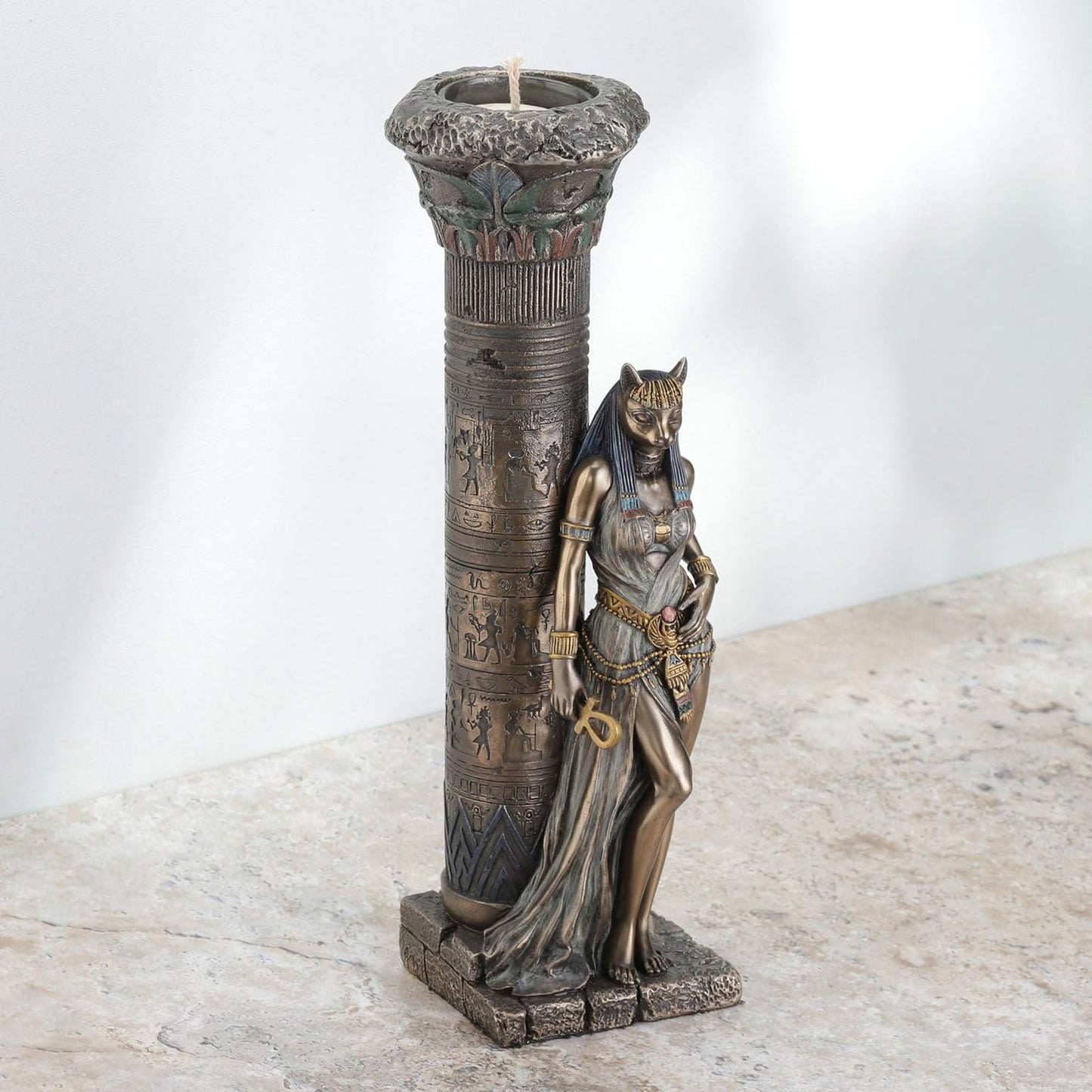 Veronese Design Egyptian Goddess Bastet Leaning on Pillar Statue