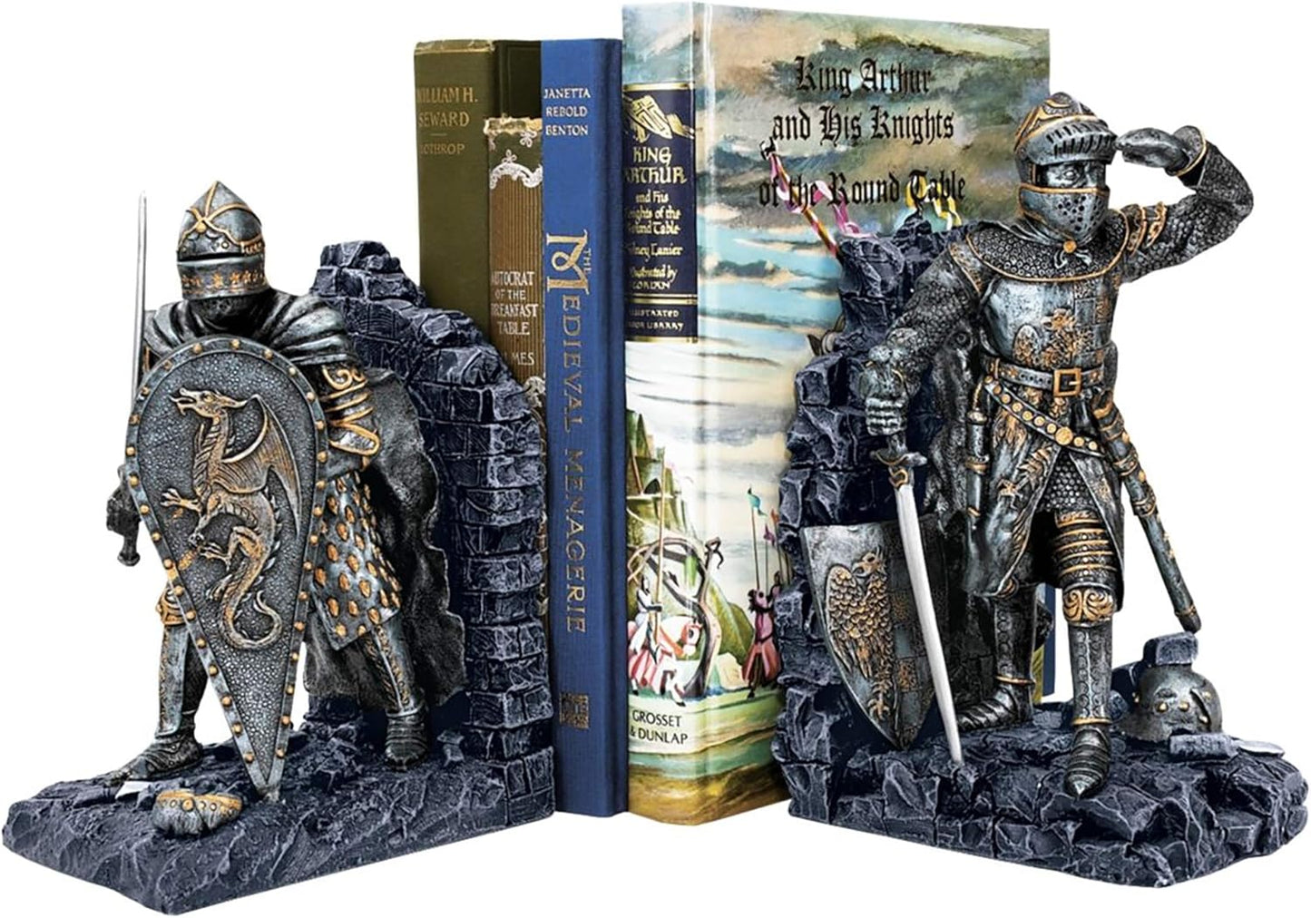 Design Toscano CL3434 Arthurian Knight Medieval Decor Bookend Statues, 20.25 cm, Set of Two, Polyresin, Grey Stone