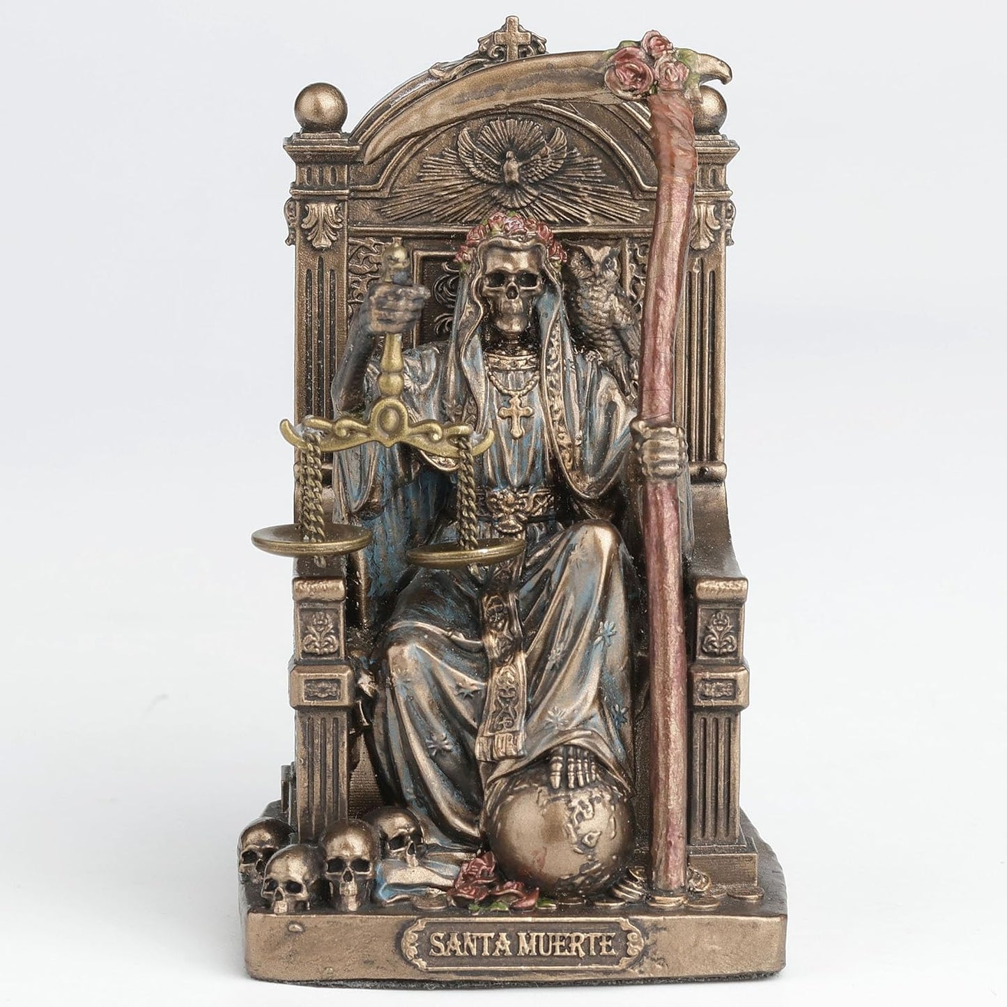 Veronese Design 3 3/8 Inch Santa Muerte Seating On Throne Holding Scythe and Scale Polystone Hand Painted Bronze Finish Collectible Figurine Home Decor