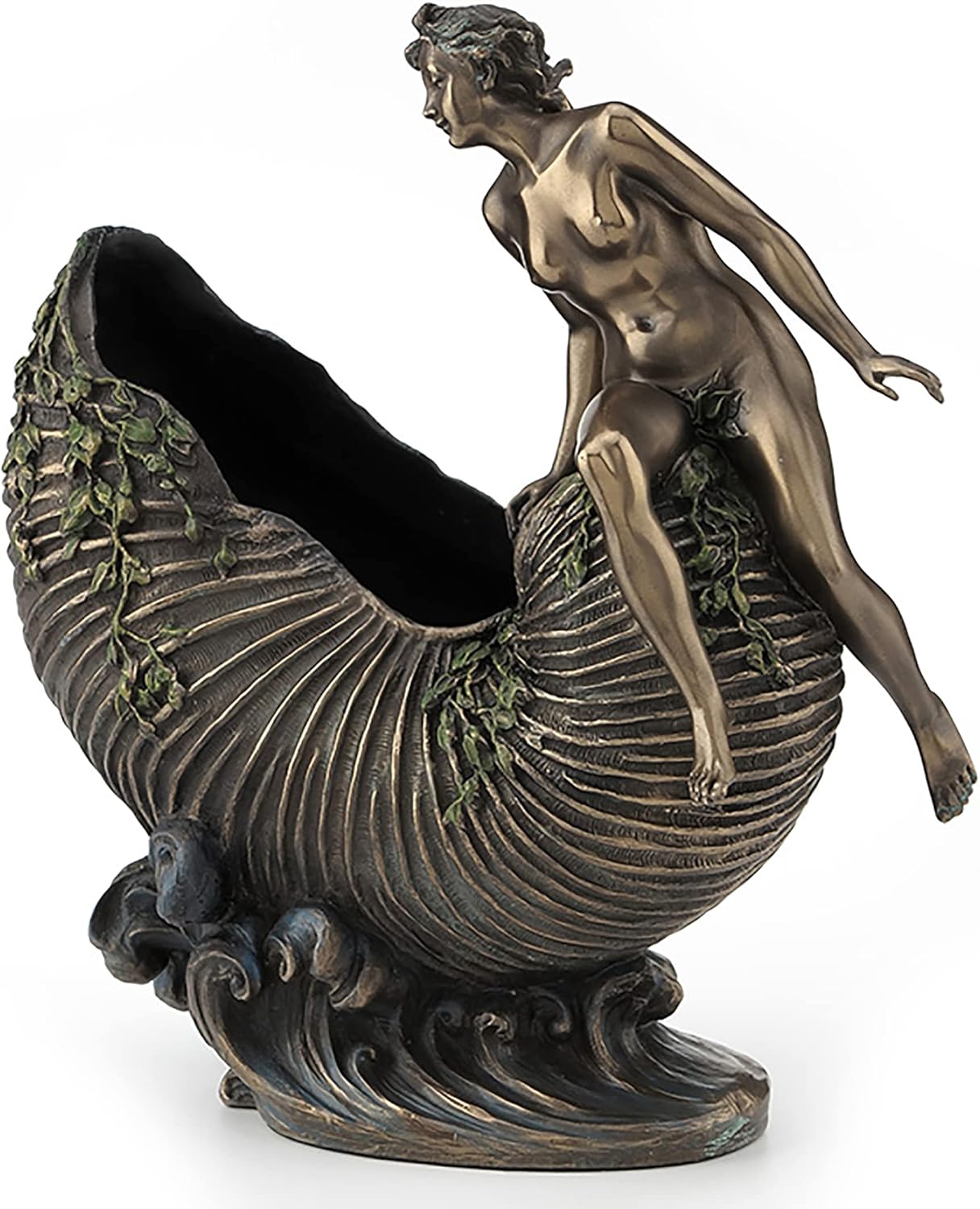 Veronese Design 9 5/8 Art Nouveau Nude Ldy Sitting On Nautilus Shell Container Resin Sculpture Bronze Finish