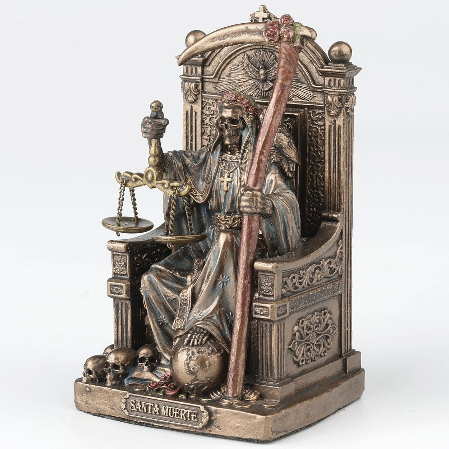 Veronese Design 3 3/8 Inch Santa Muerte Seating On Throne Holding Scythe and Scale Polystone Hand Painted Bronze Finish Collectible Figurine Home Decor