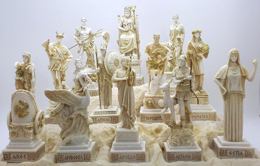 Set 12 Twelve Greek Olympian Gods Pantheon Figure Alabaster Statue Sculpture 6.3 inches