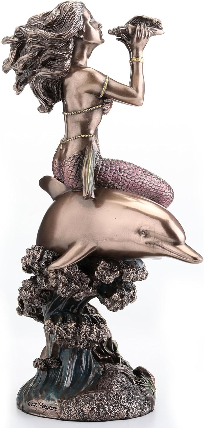Veronese Design 8 1/4 Inch Mermaid On The Back of A Dolphin Cold Cast Resin Bronze Finish Sculpture