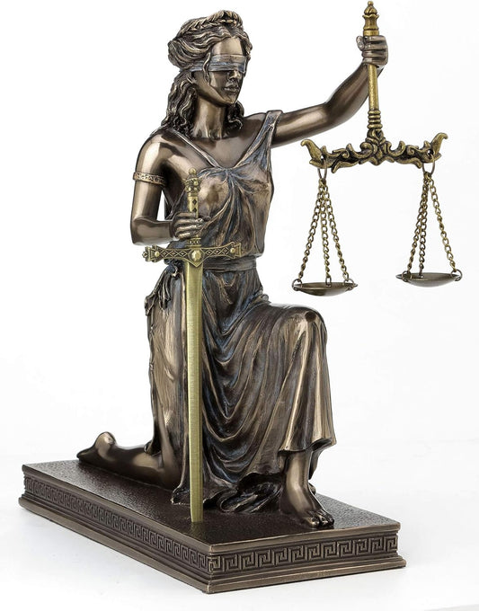 Veronese Design Bronze Finish Lady Justice Kneeling Holding Balance Scales and Sword Statue