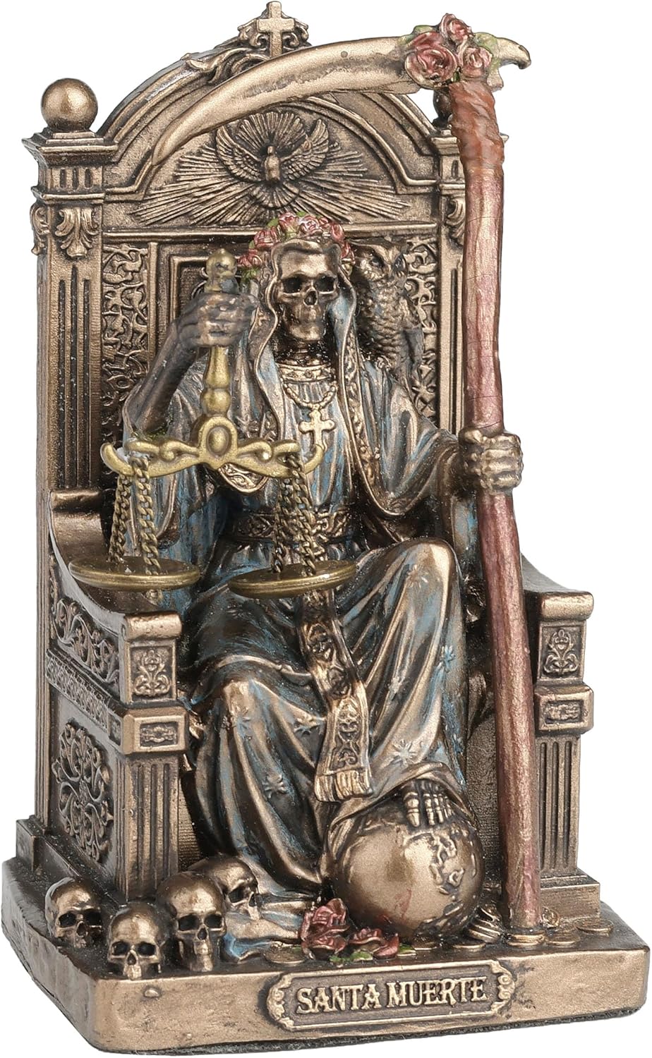 Veronese Design 3 3/8 Inch Santa Muerte Seating On Throne Holding Scythe and Scale Polystone Hand Painted Bronze Finish Collectible Figurine Home Decor