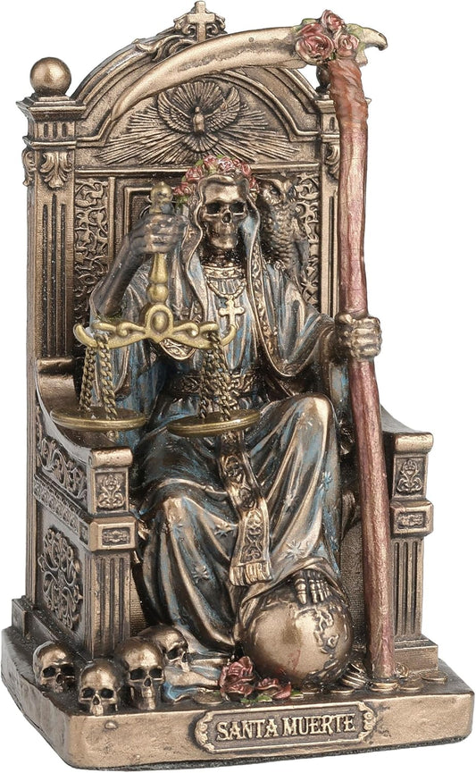 Veronese Design 3 3/8 Inch Santa Muerte Seating On Throne Holding Scythe and Scale Polystone Hand Painted Bronze Finish Collectible Figurine Home Decor