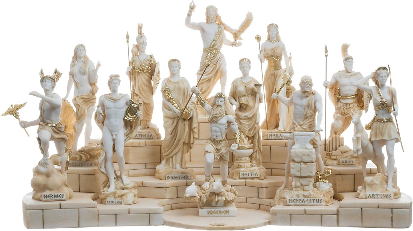 BeautifulGreekStatues Set 12 Olympian Gods of Mount Olympus Pantheon Gold Tone Alabaster Statues 6.7"