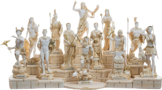 BeautifulGreekStatues Set 12 Olympian Gods of Mount Olympus Pantheon Gold Tone Alabaster Statues 6.7"