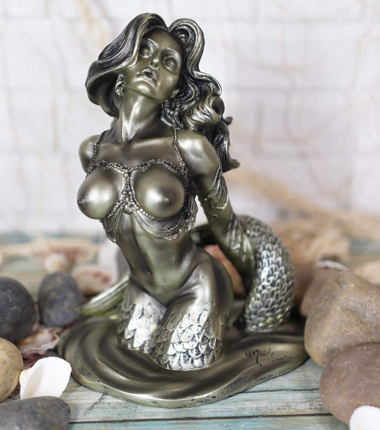 Atlantic Collectibles Aged Bronze Resin Nude Seductive Mermaid Figurine 7.25" H