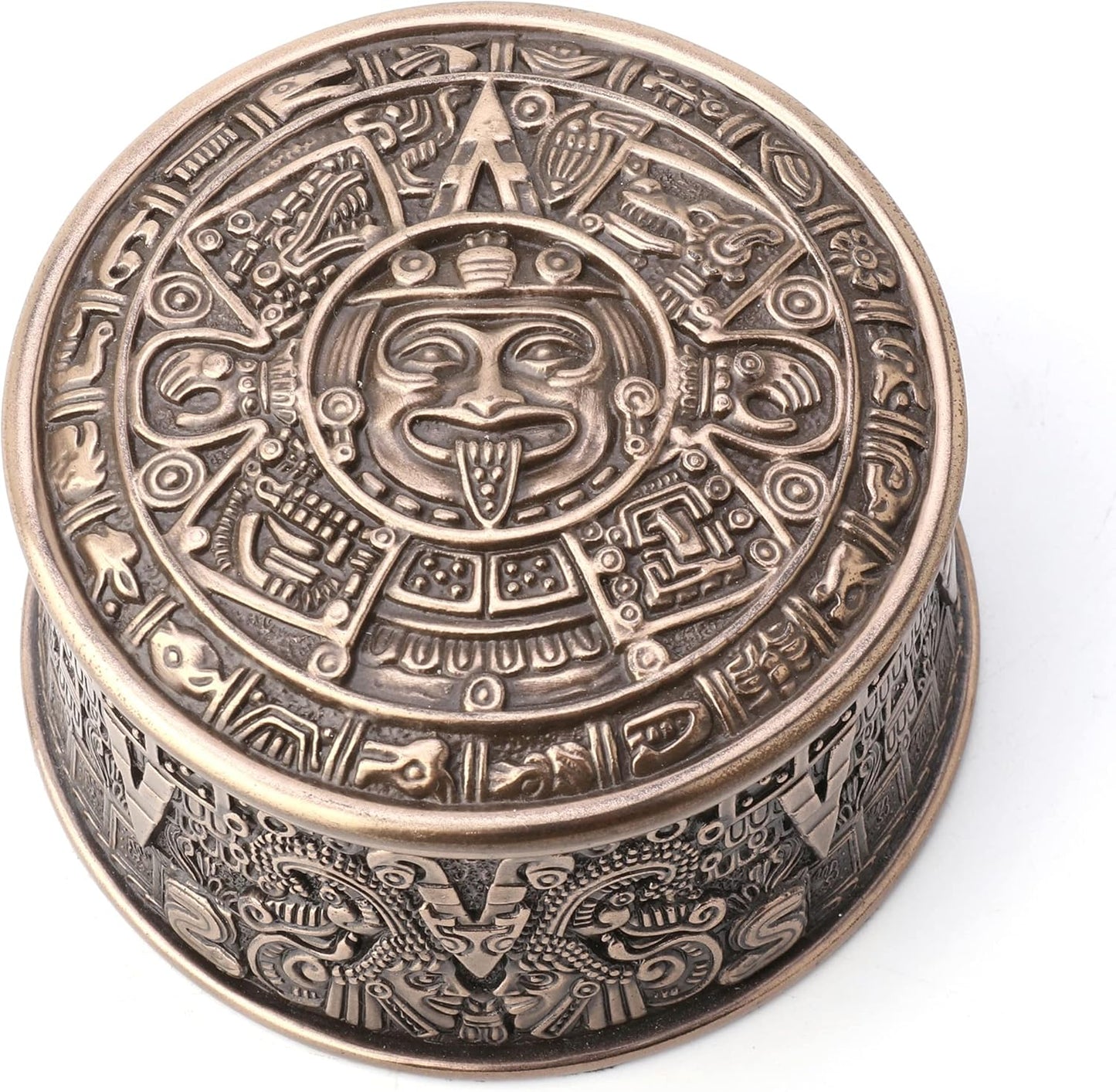 Veronese Design 2 3/8" Tall Aztec Sun Stone Round Trinket Box Antique Bronze Finish Resin Sculpture