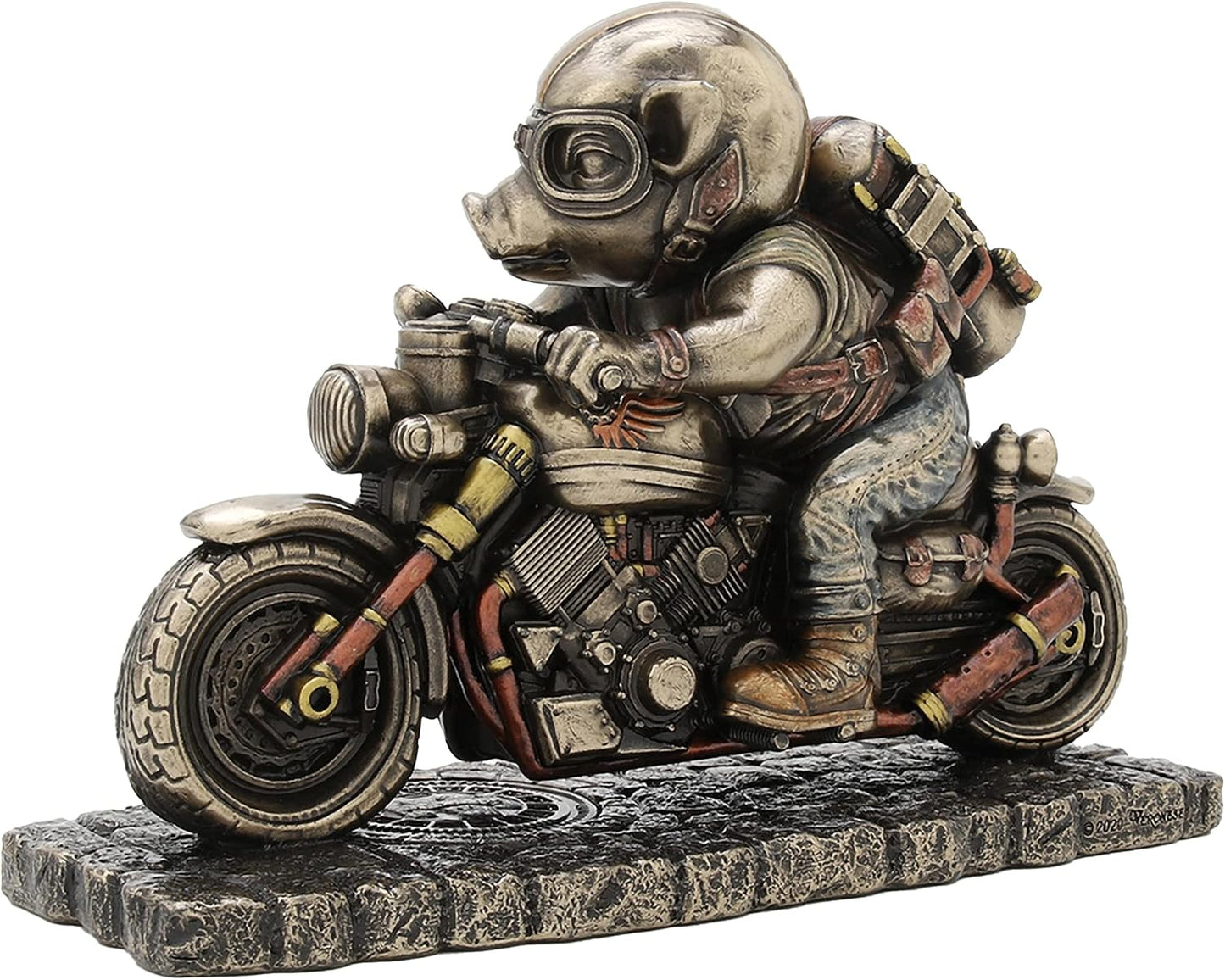 Veronese Deign 4 1/2 Inch Tall Steampunk Motorcycle Rough Rider Speed Bacon Hog Figurine Cold Cast Bronzed Resin Statue Pig Animal Collectibles