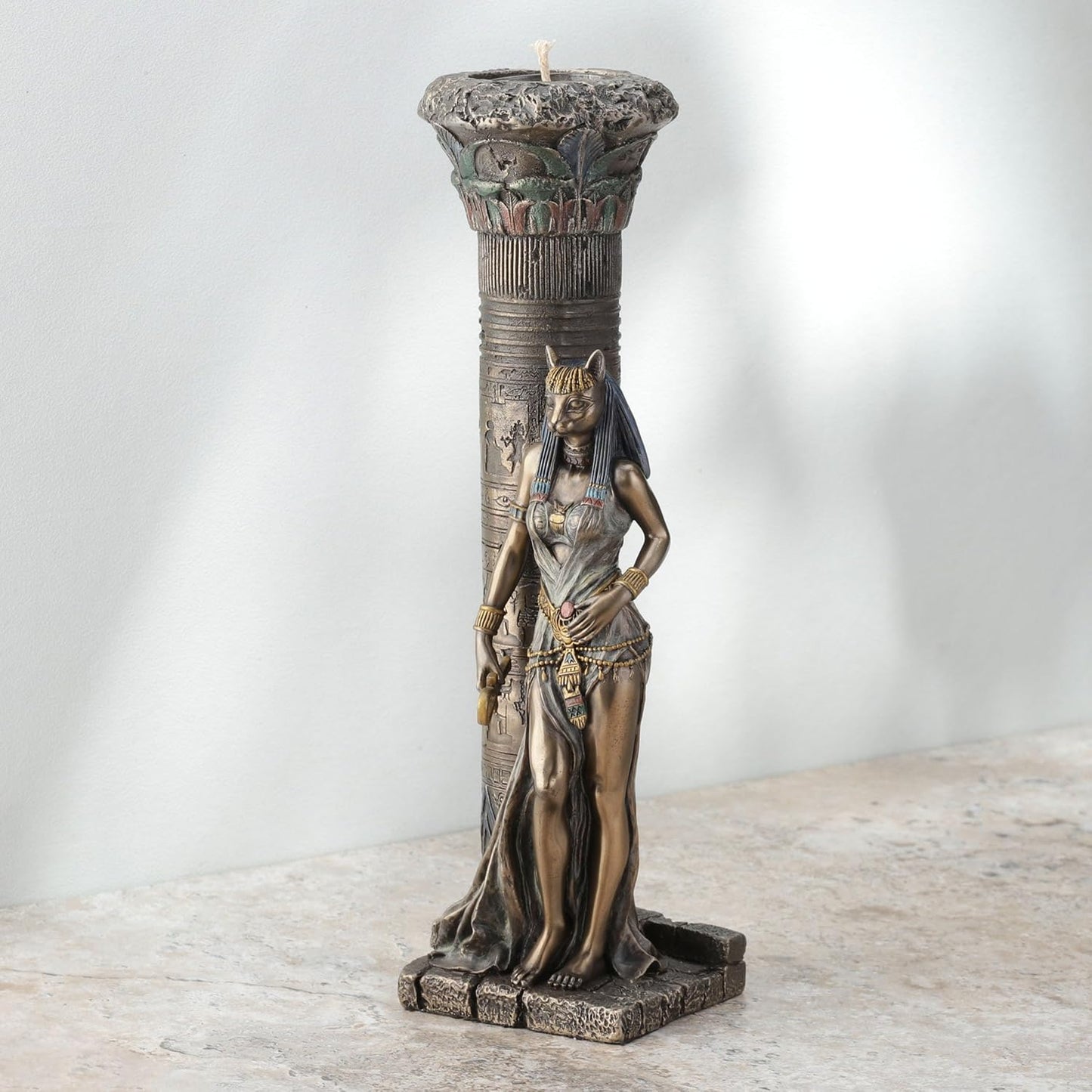 Veronese Design Egyptian Goddess Bastet Leaning on Pillar Statue