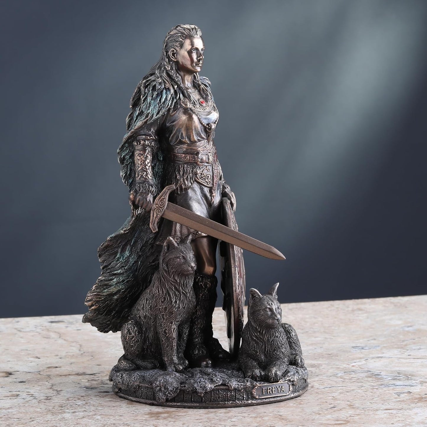 Veronese Design 8 1/4 Shield Maiden Freya Norse Goddess of Love Beauty and War Cold Cast Resin Sculpture Antique Bronze Finish Statue