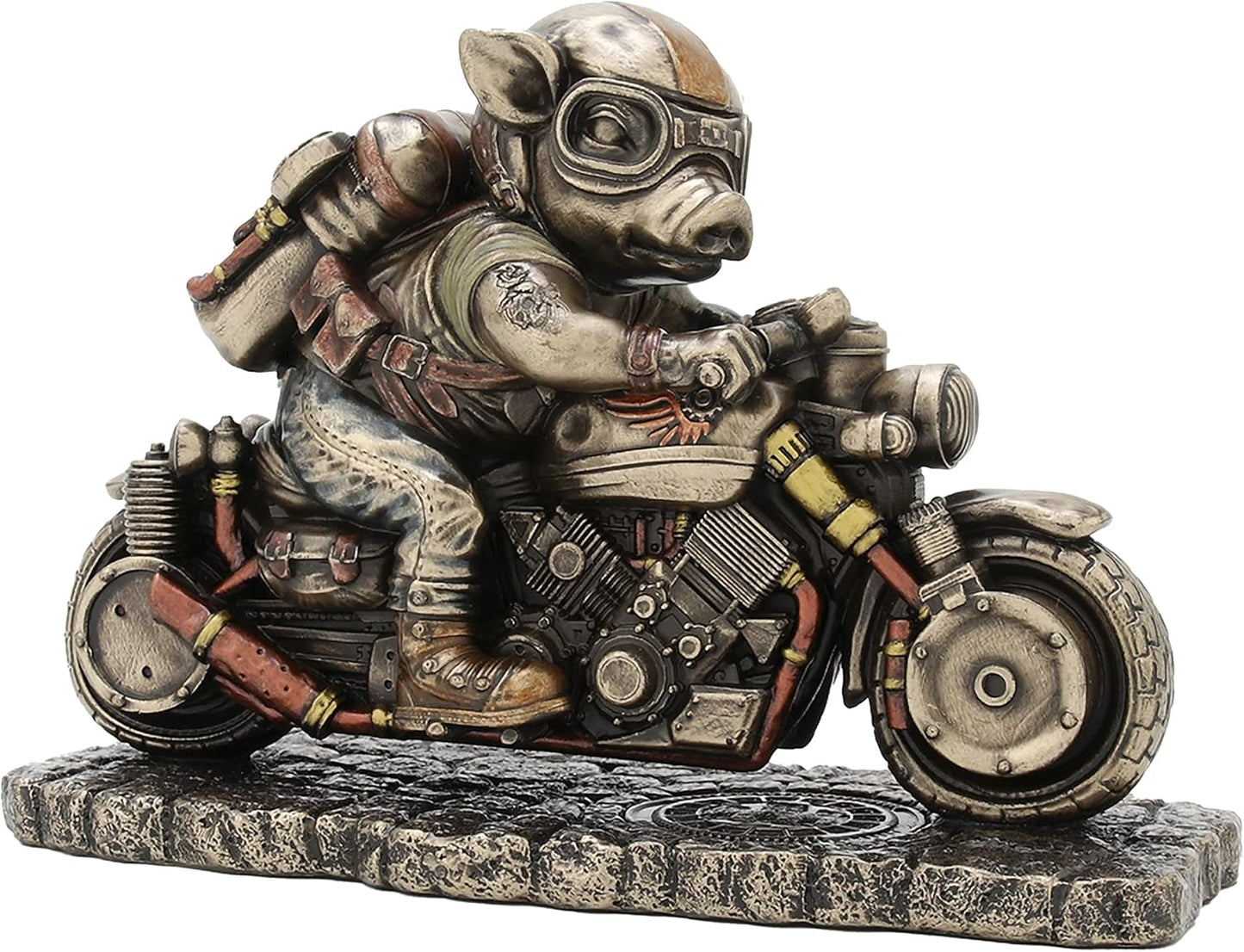 Veronese Deign 4 1/2 Inch Tall Steampunk Motorcycle Rough Rider Speed Bacon Hog Figurine Cold Cast Bronzed Resin Statue Pig Animal Collectibles