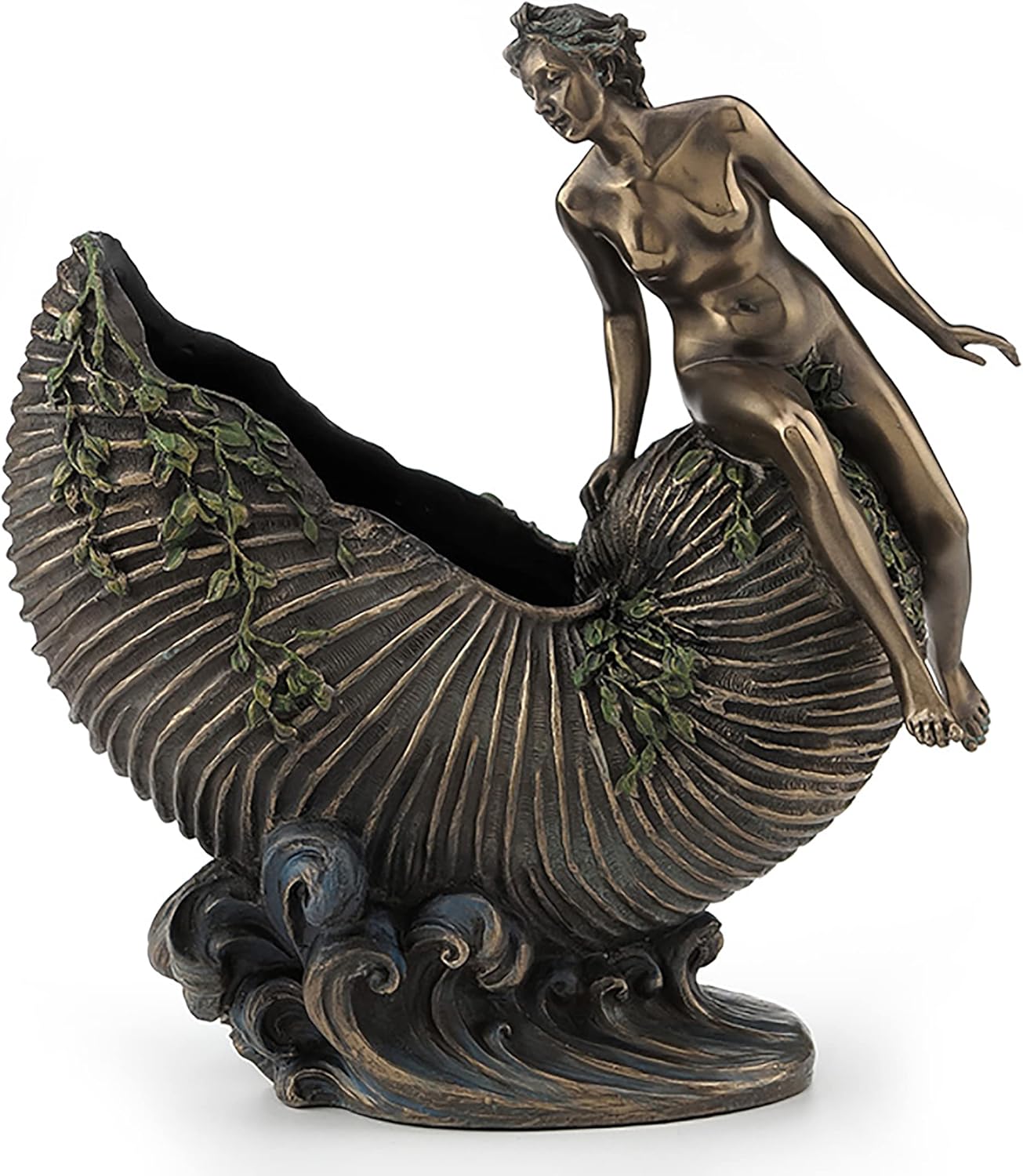 Veronese Design 9 5/8 Art Nouveau Nude Ldy Sitting On Nautilus Shell Container Resin Sculpture Bronze Finish