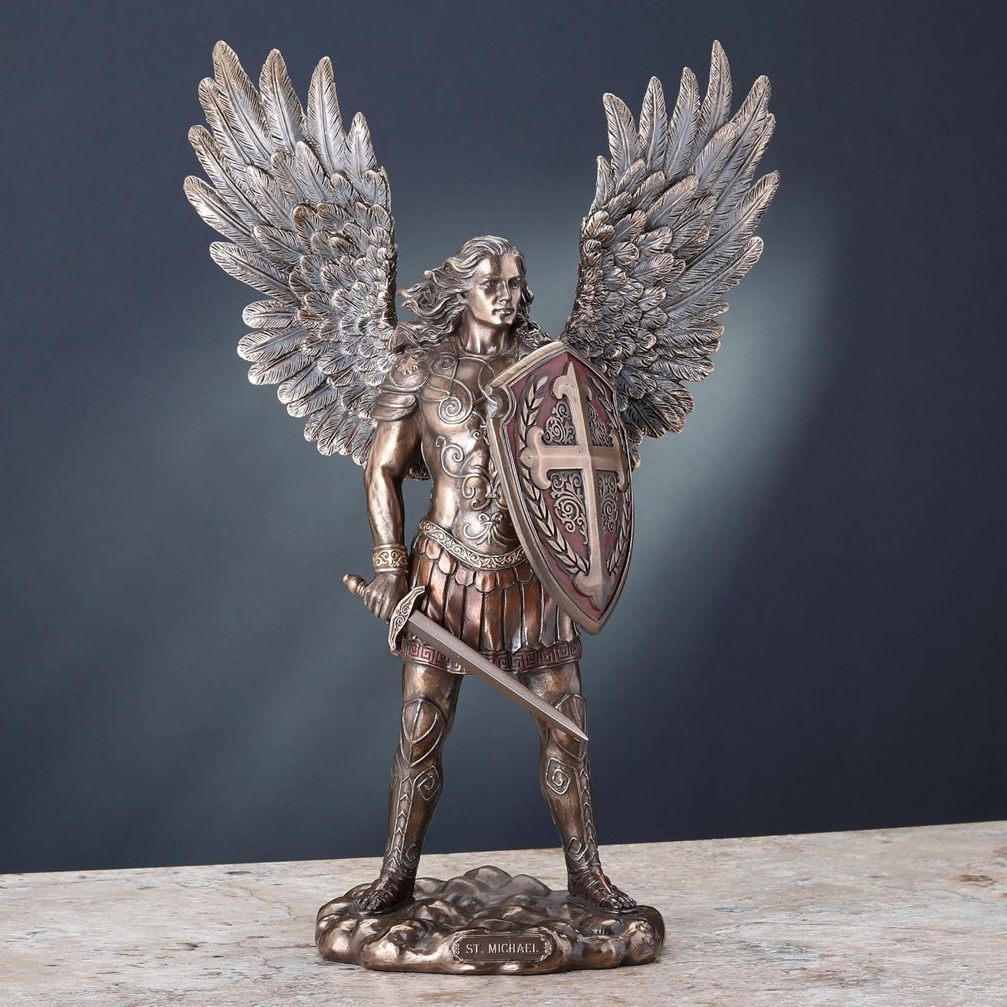 Veronese Design 14 Inch Saint Michael The Archangel in Battle Armor Cold Cast Resin Statue Antique Bronze Finish Sculpture