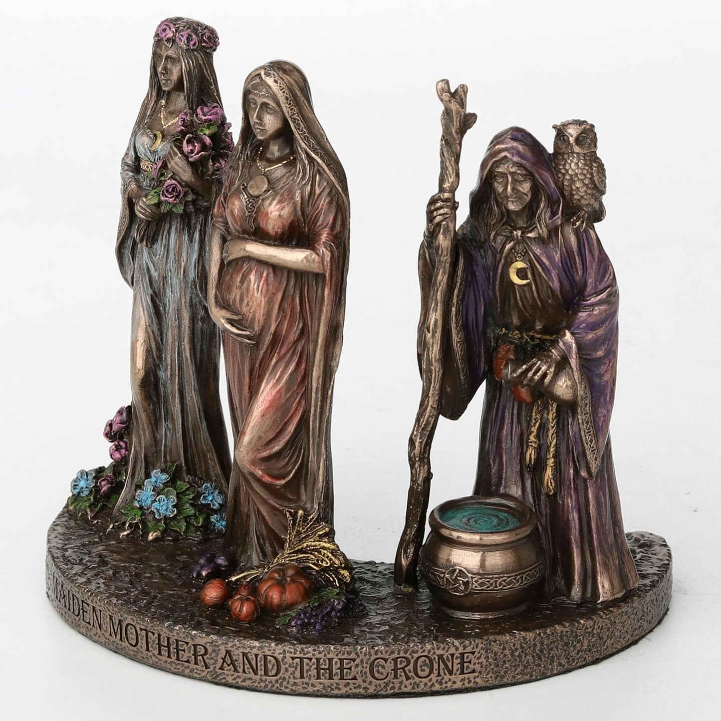Veronese Design 4 3/8 Inch Triple Moon Goddess Maiden Mother and Crone Cold Cast Resin Bronze Finish Wiccan Sculpture