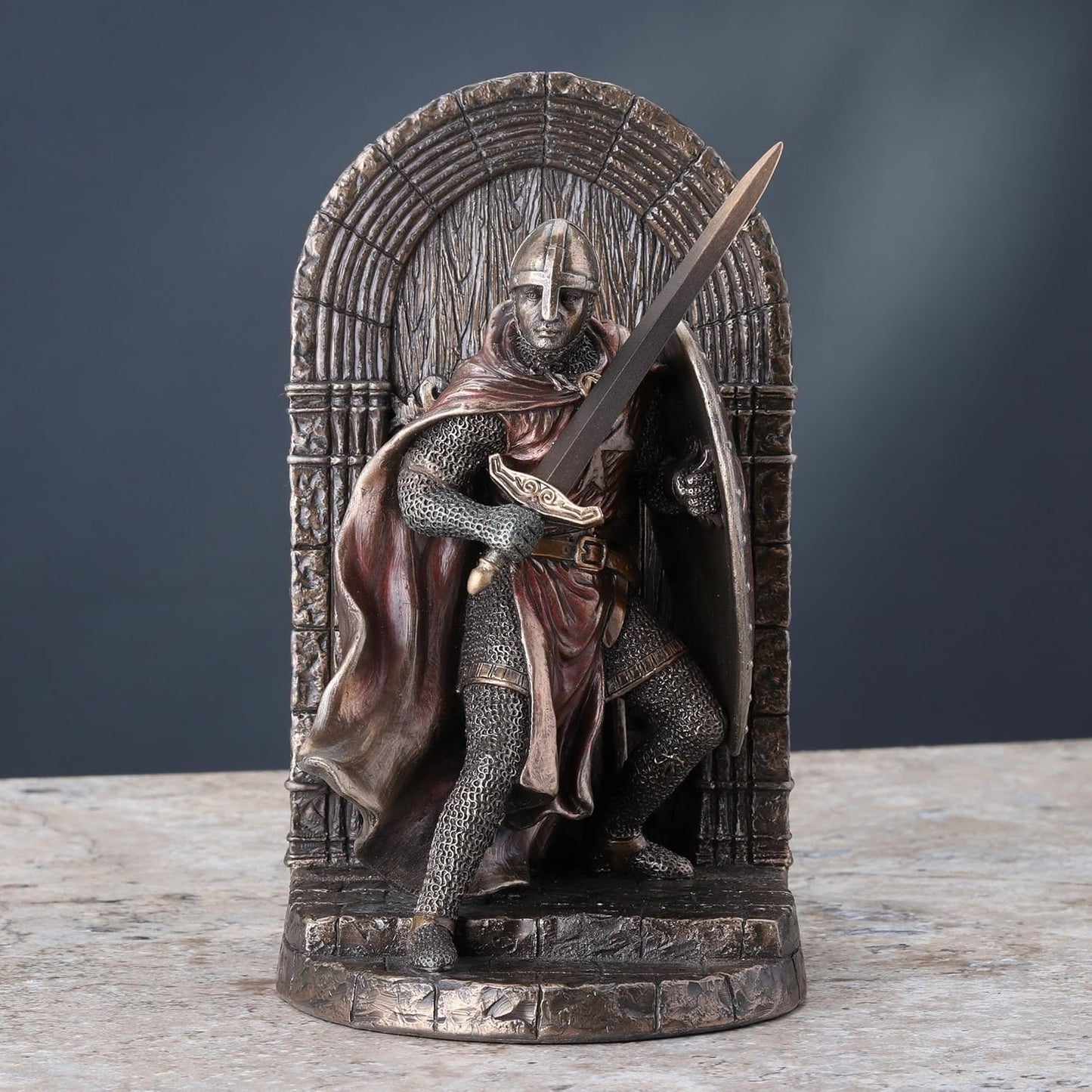 Veronese Design Maltese Crusader Statue in Armor Guarding Door Holding Shield & Sword Bookend