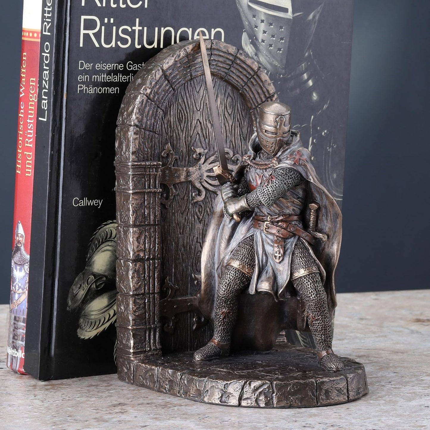 Armored Maltese Crusader With Sword Guarding Door Single Bookend Cold Cast Bronze
