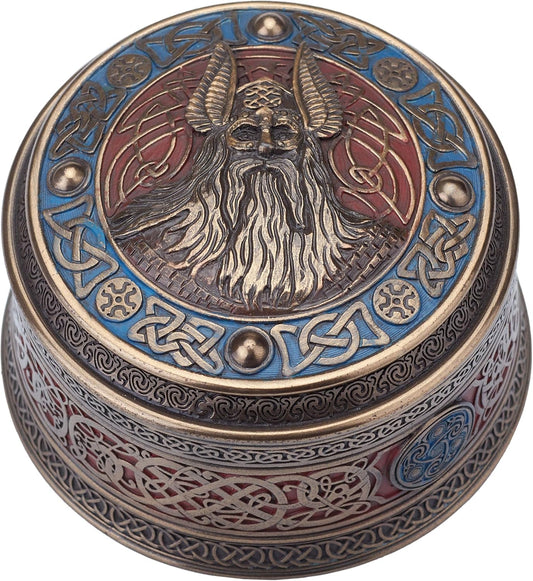 Veronese Norse God Odin Viking Round Stash Box Cold Cast Resin Bronze Finish Sculpture