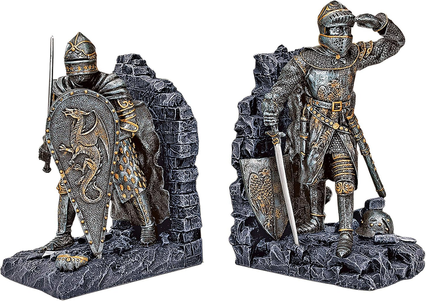 Design Toscano CL3434 Arthurian Knight Medieval Decor Bookend Statues, 20.25 cm, Set of Two, Polyresin, Grey Stone