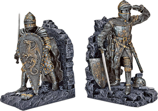 Design Toscano CL3434 Arthurian Knight Medieval Decor Bookend Statues, 20.25 cm, Set of Two, Polyresin, Grey Stone