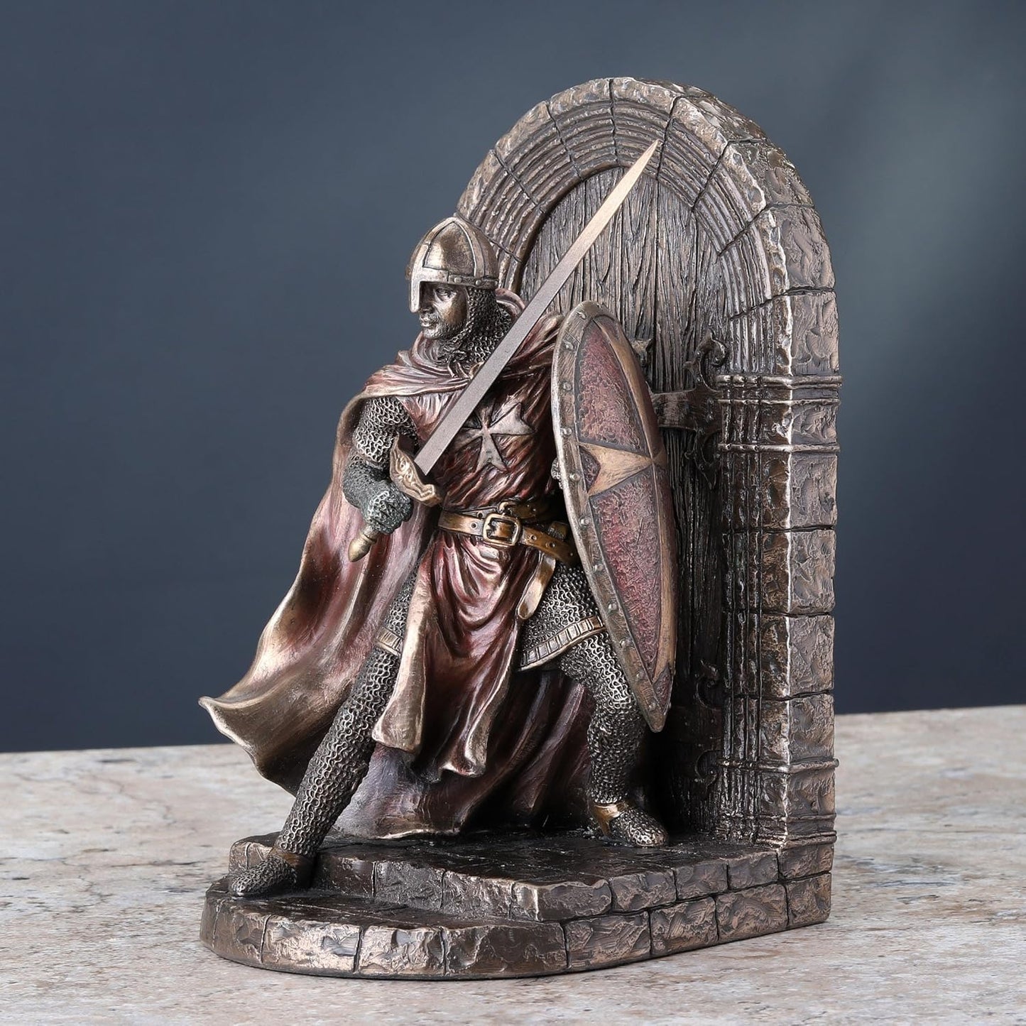 Veronese Design Maltese Crusader Statue in Armor Guarding Door Holding Shield & Sword Bookend