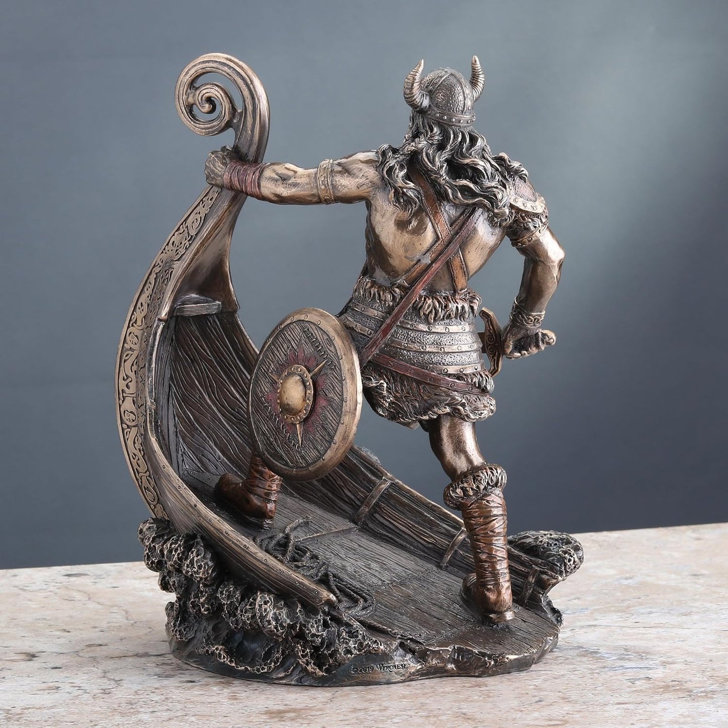 9.5 Inch Norse Viking Warrior Standing On Long Ship Prow Antique Bronze Finish Statue