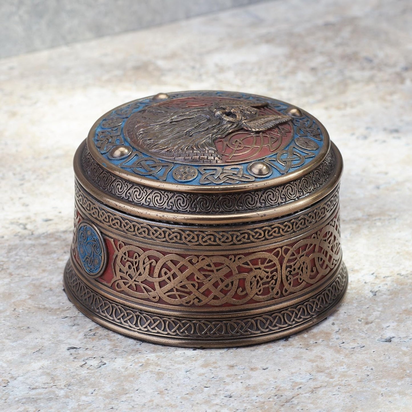 Veronese Norse God Odin Viking Round Stash Box Cold Cast Resin Bronze Finish Sculpture