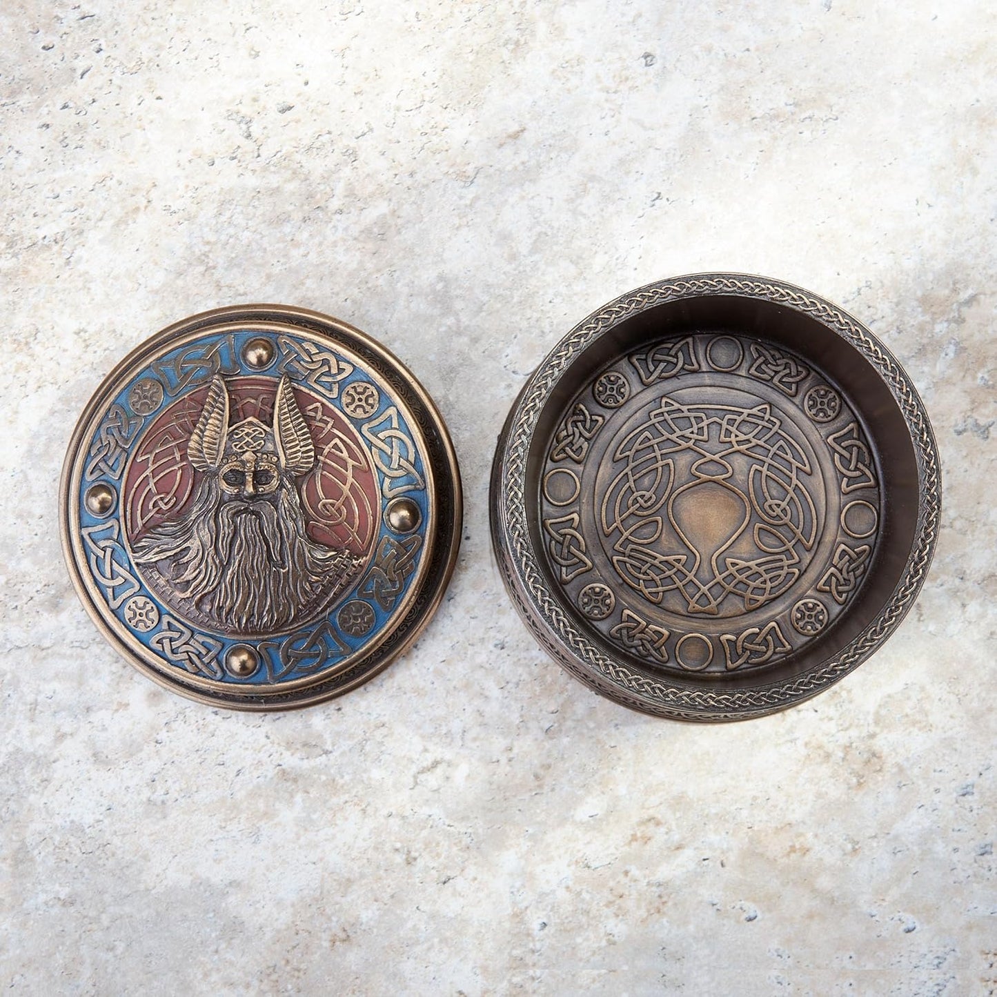 Veronese Norse God Odin Viking Round Stash Box Cold Cast Resin Bronze Finish Sculpture