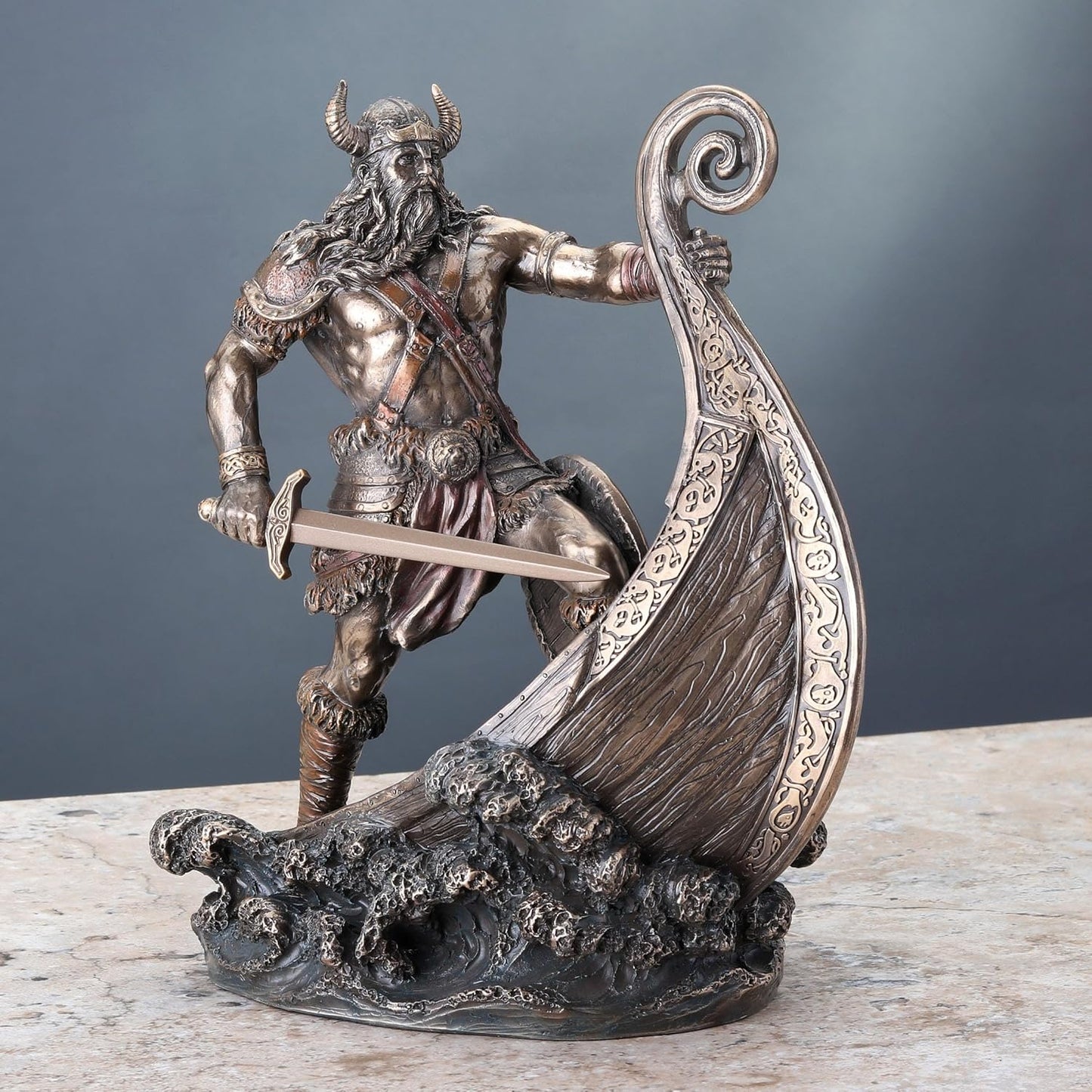Veronese Design 9.5 Inch Norse Viking Warrior Standing On Long Ship Prow Antique Bronze Finish Statue