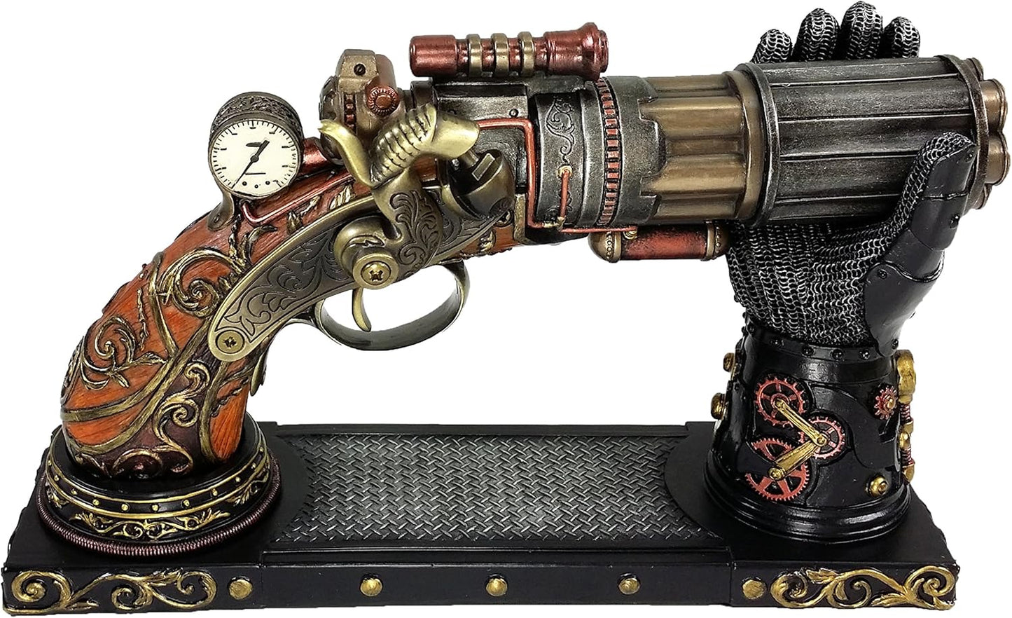 VERONESE 6 Barrel Steampunk Display Pistol Gun Prop W/Gauntlet Glove Stand Statue Figurine