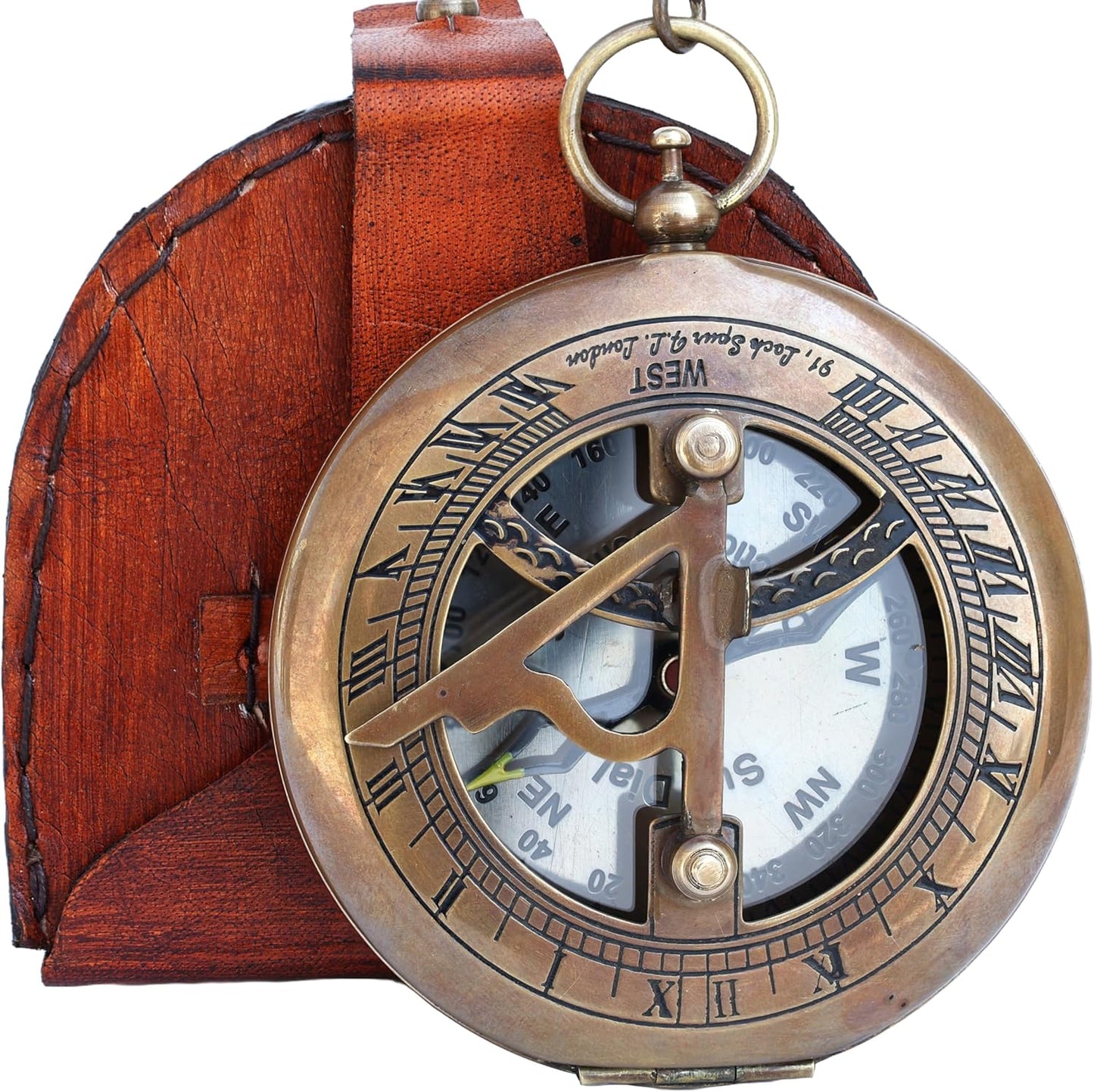 Brass Sundial Compass with Leather Case and Chain - Push Open Compass - Steampunk Accessory – Unique Gift for Men - Beautiful Handmade Gift - Sundial Clock – Sun Clock – Steampunk Clock