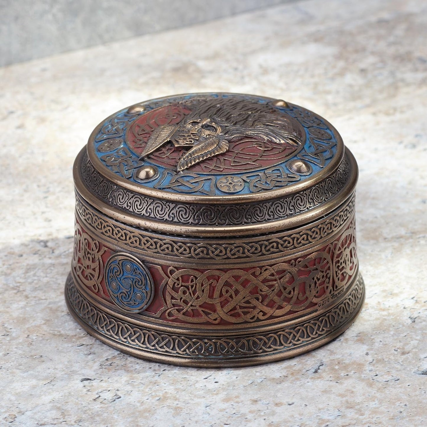 Veronese Norse God Odin Viking Round Stash Box Cold Cast Resin Bronze Finish Sculpture