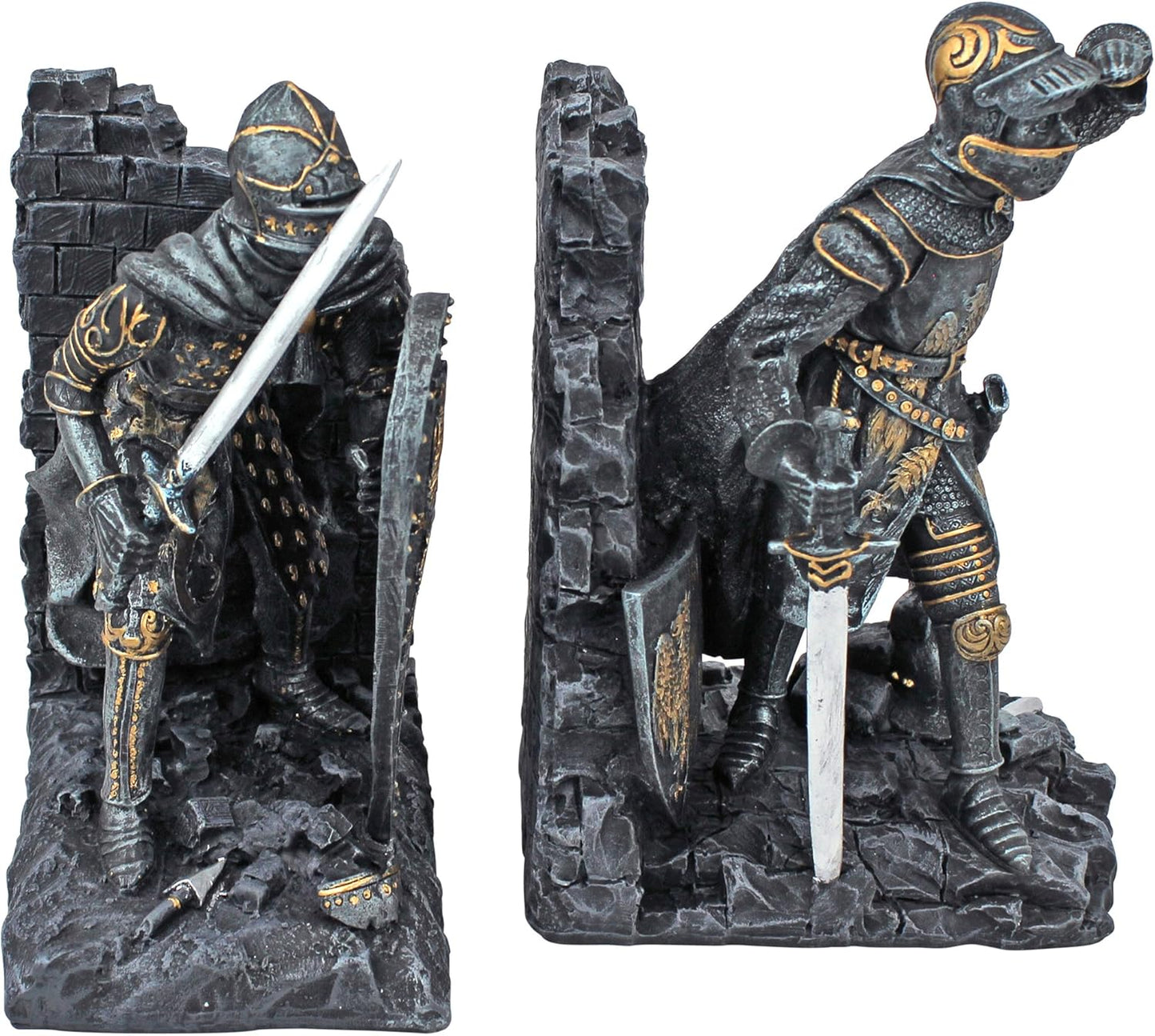 Design Toscano CL3434 Arthurian Knight Medieval Decor Bookend Statues, 20.25 cm, Set of Two, Polyresin, Grey Stone