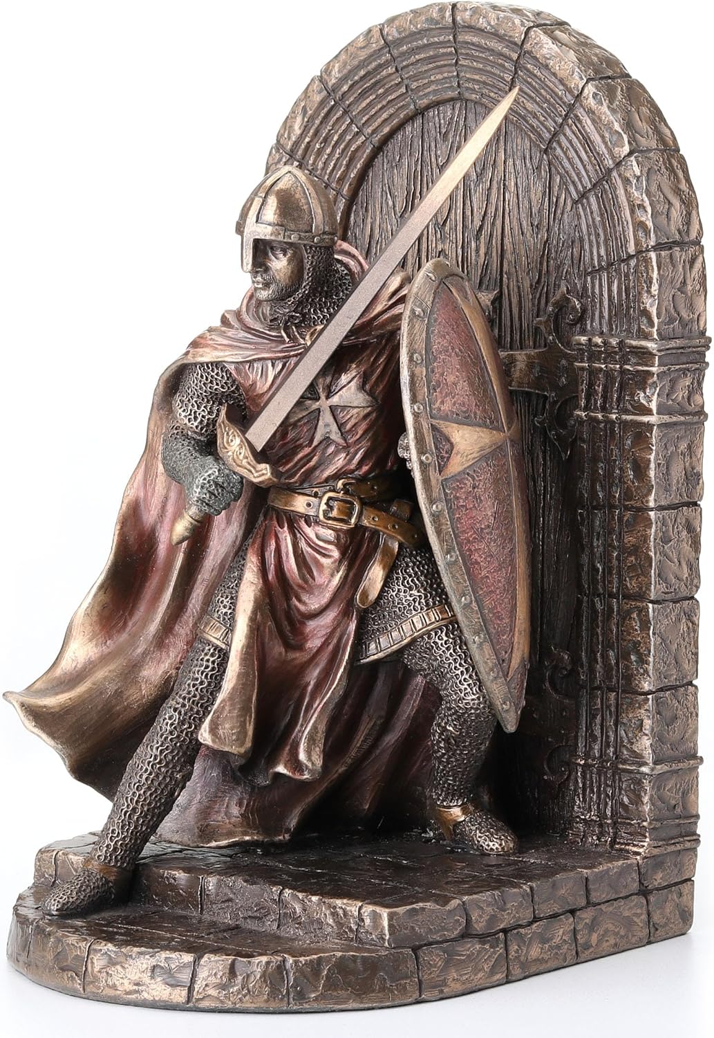 Veronese Design Maltese Crusader Statue in Armor Guarding Door Holding Shield & Sword Bookend