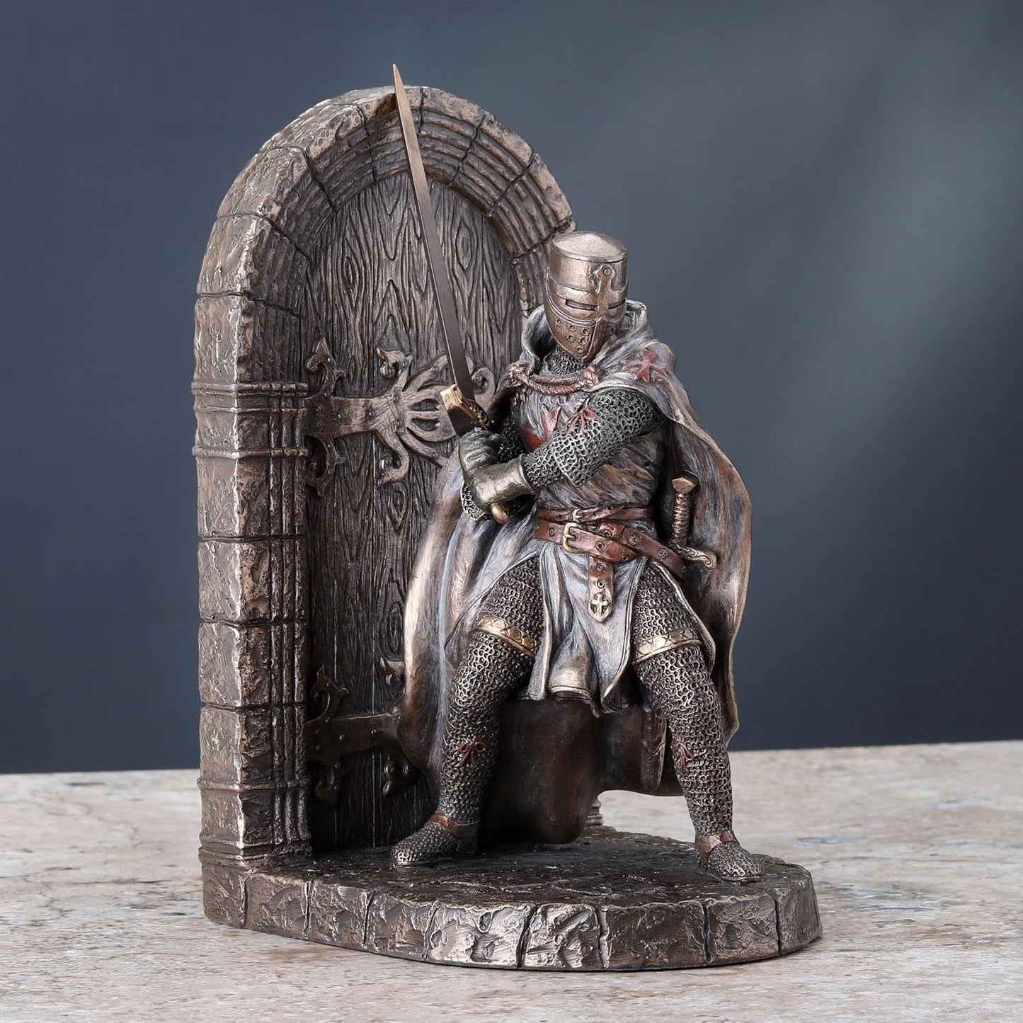 Armored Maltese Crusader With Sword Guarding Door Single Bookend Cold Cast Bronze