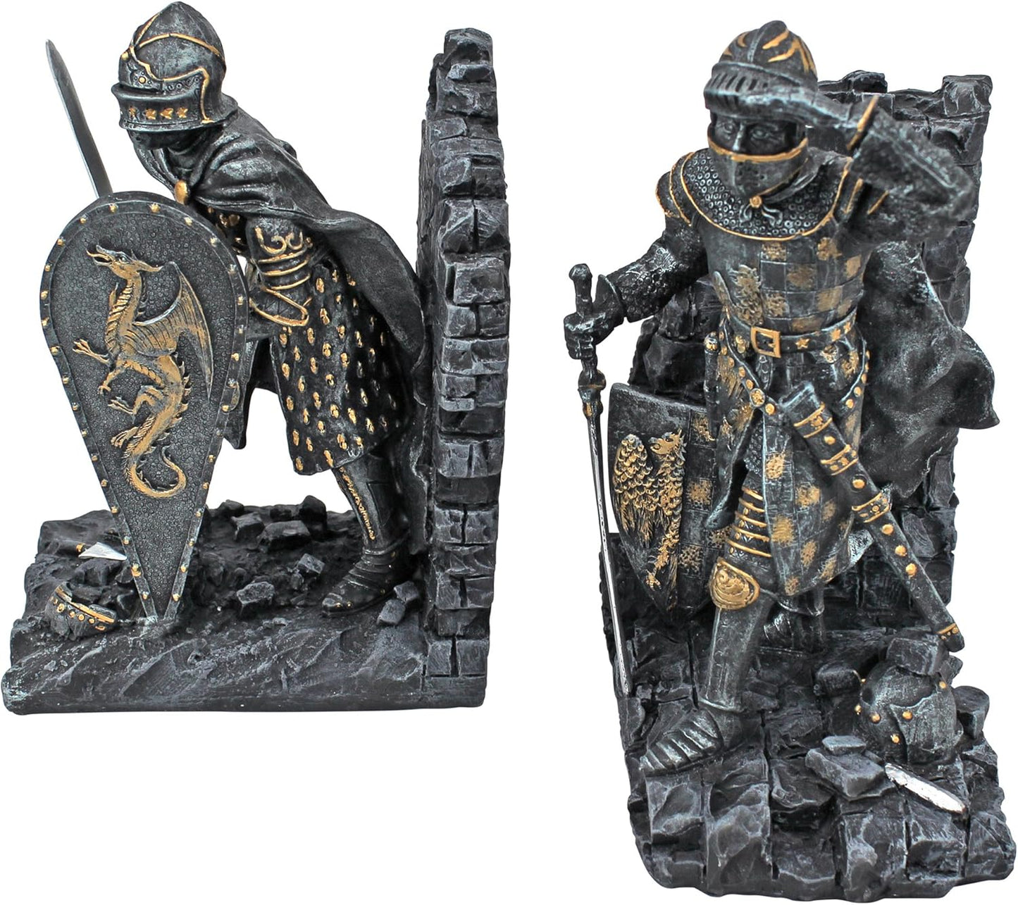 Design Toscano CL3434 Arthurian Knight Medieval Decor Bookend Statues, 20.25 cm, Set of Two, Polyresin, Grey Stone