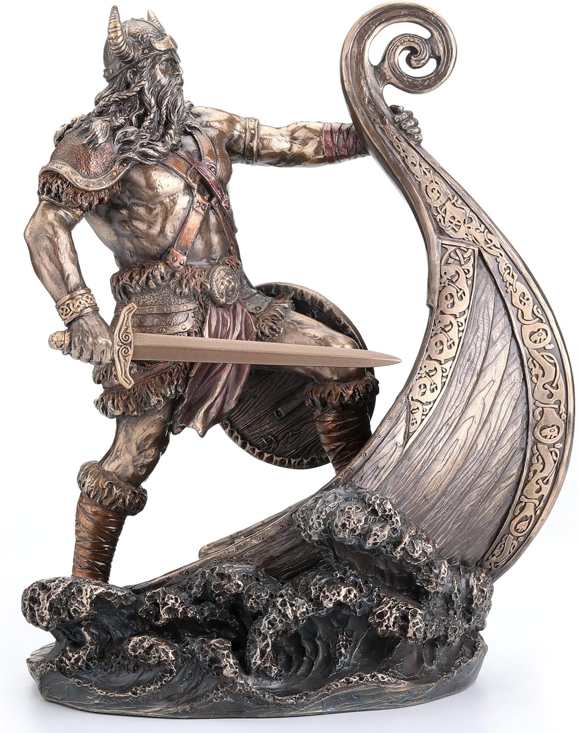Veronese Design 9.5 Inch Norse Viking Warrior Standing On Long Ship Prow Antique Bronze Finish Statue