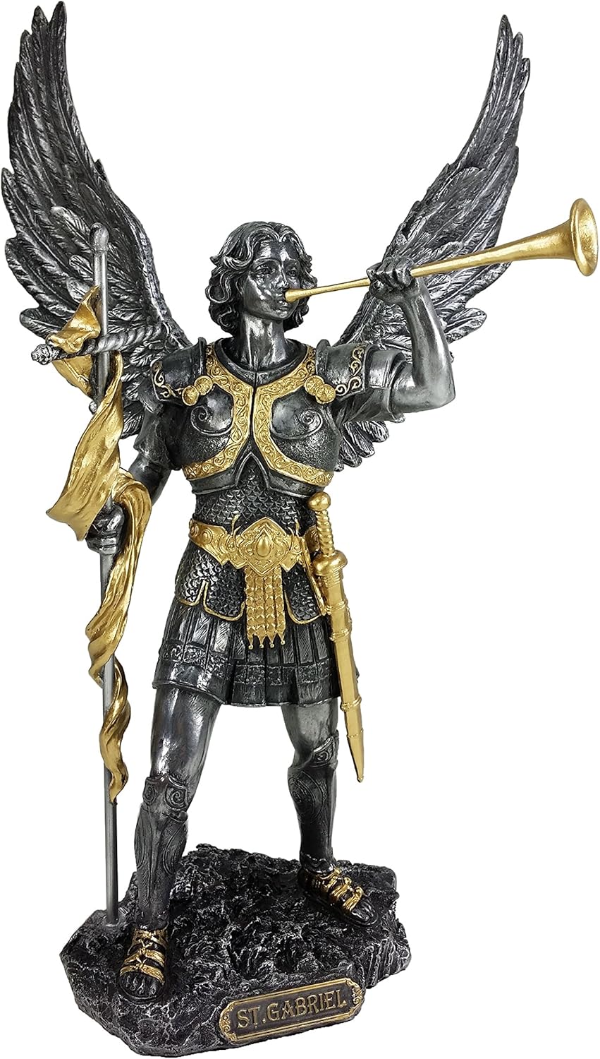 Veronese 13" Saint Gabriel Archangel Statue W/Trumpet and Cross Pewter & Gold Finish Angel