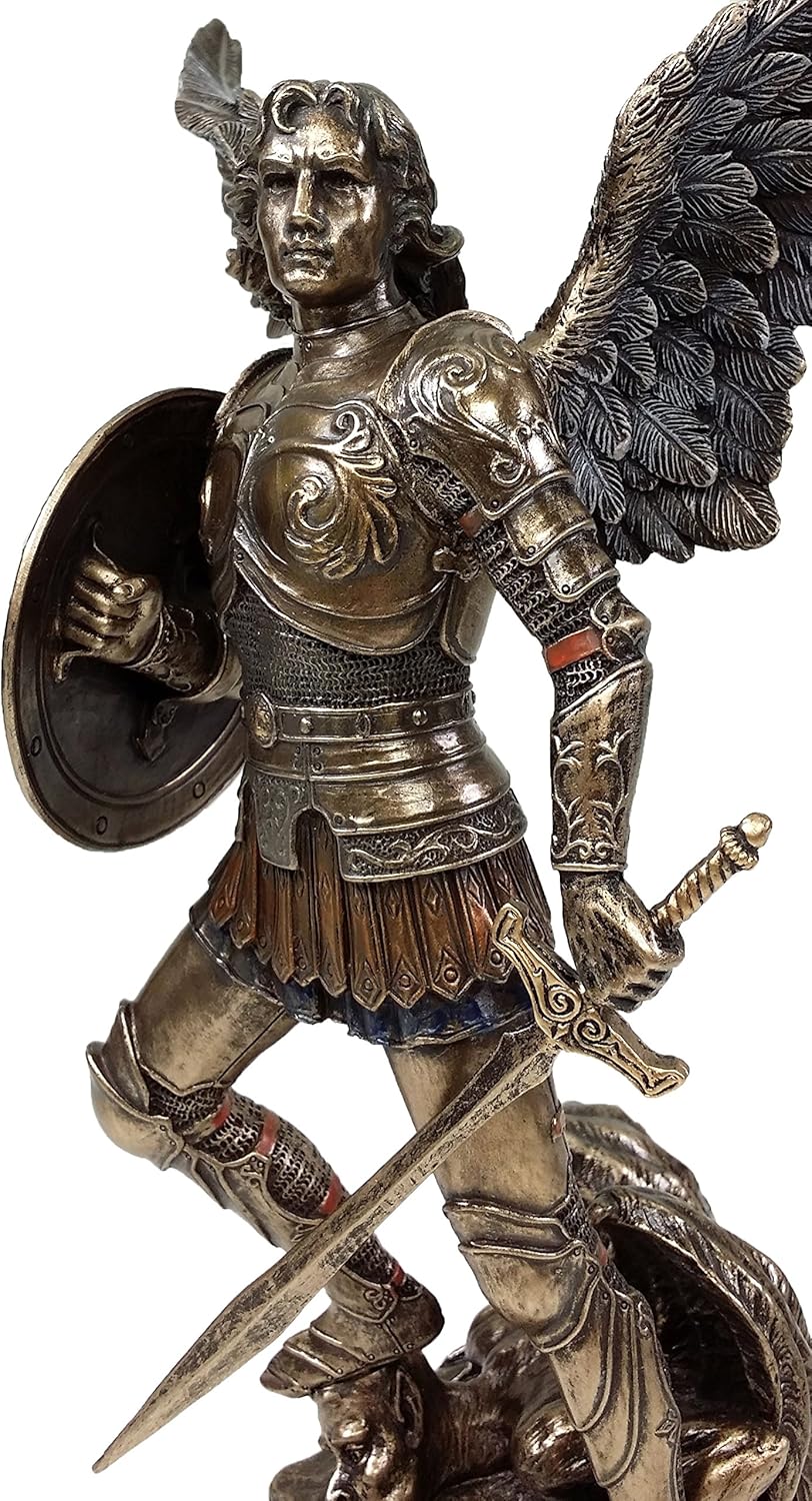 VERONESE Pair - Saint Michael and Gabriel Archangel W/Sword and Shield Food on Demon Statue Bronze Finish