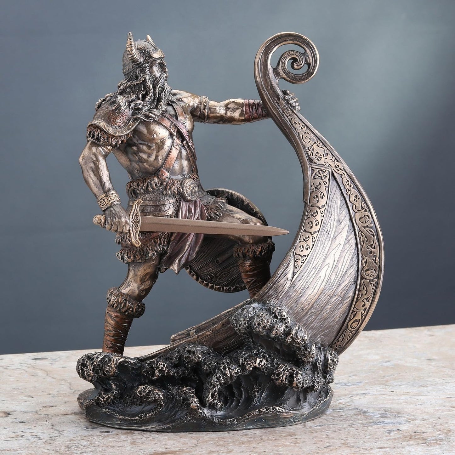 9.5 Inch Norse Viking Warrior Standing On Long Ship Prow Antique Bronze Finish Statue