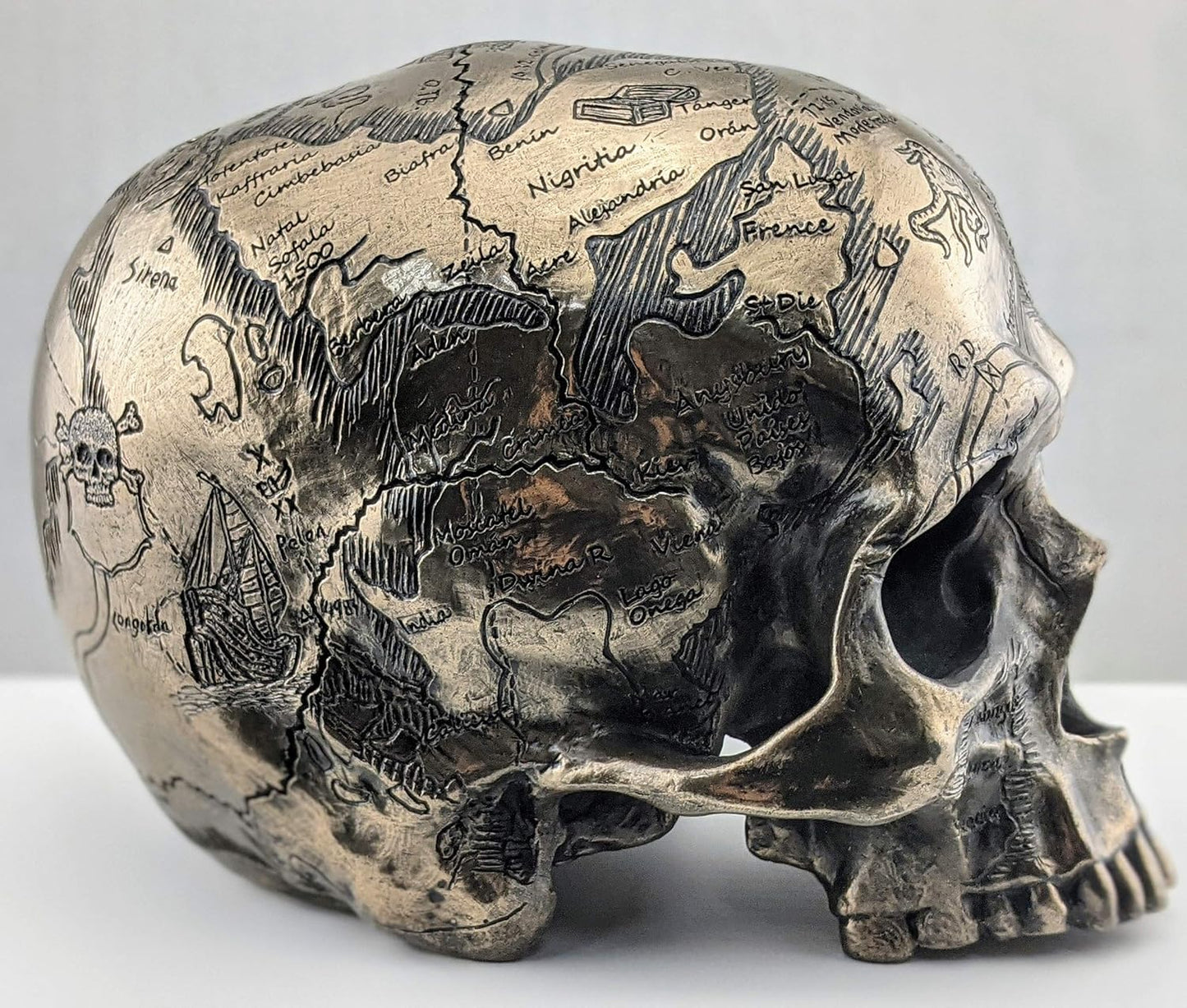 Veronese Design Bronze Finish Craniumography Old Treasure Map On Skull Statue