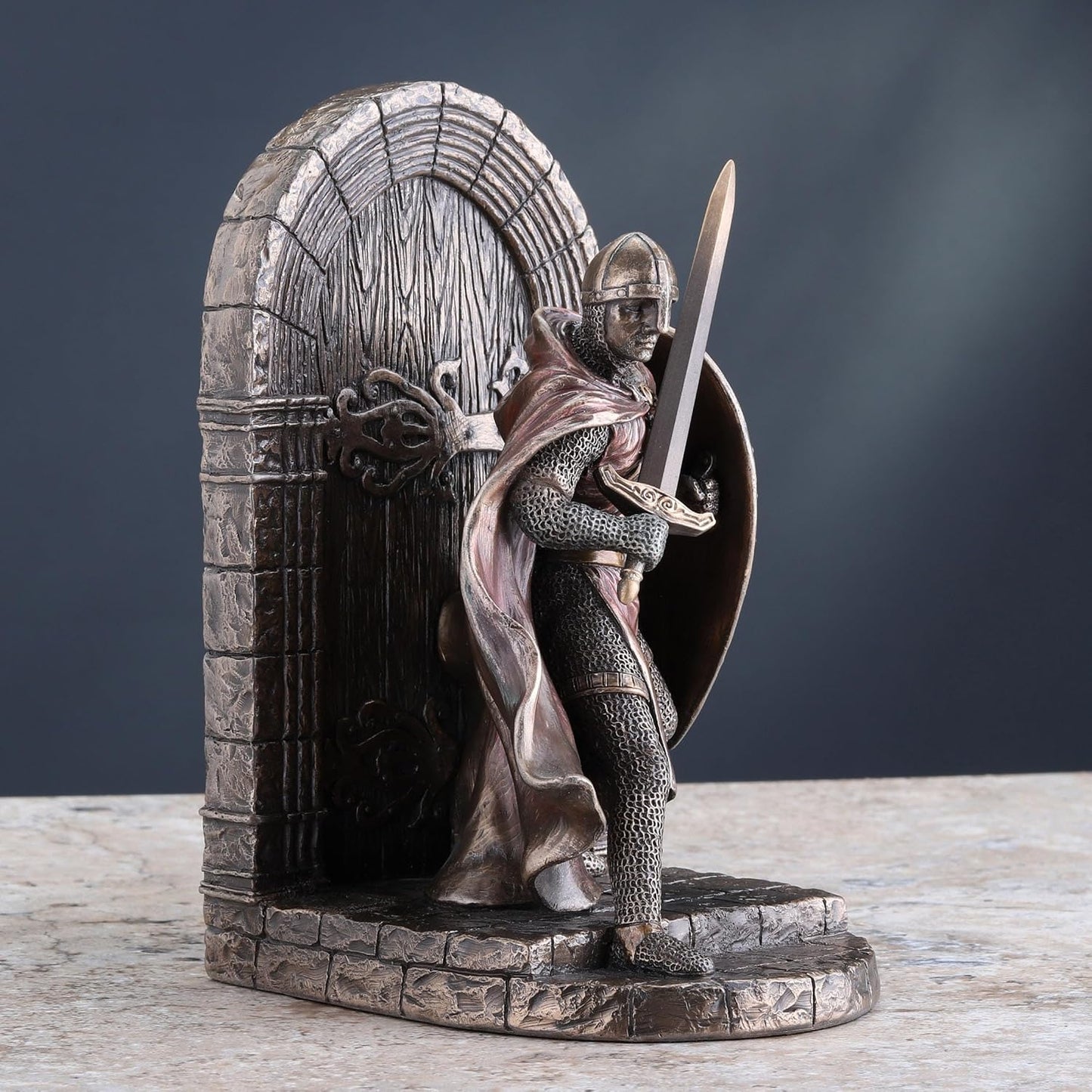 Veronese Design Maltese Crusader Statue in Armor Guarding Door Holding Shield & Sword Bookend