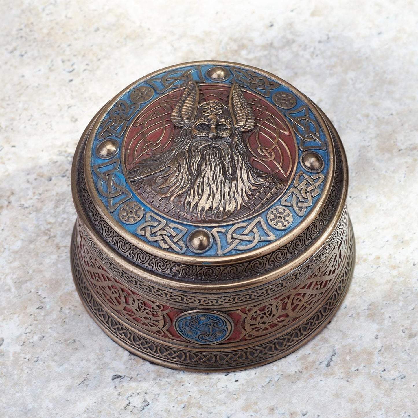 Veronese Norse God Odin Viking Round Stash Box Cold Cast Resin Bronze Finish Sculpture