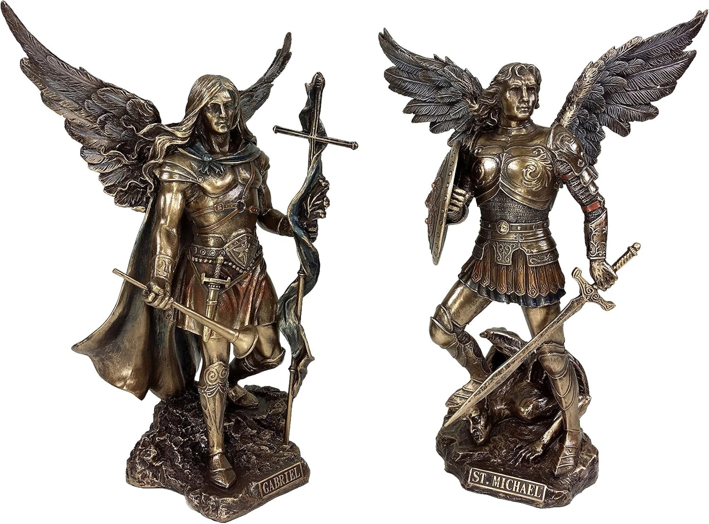 VERONESE Pair - Saint Michael and Gabriel Archangel W/Sword and Shield Food on Demon Statue Bronze Finish